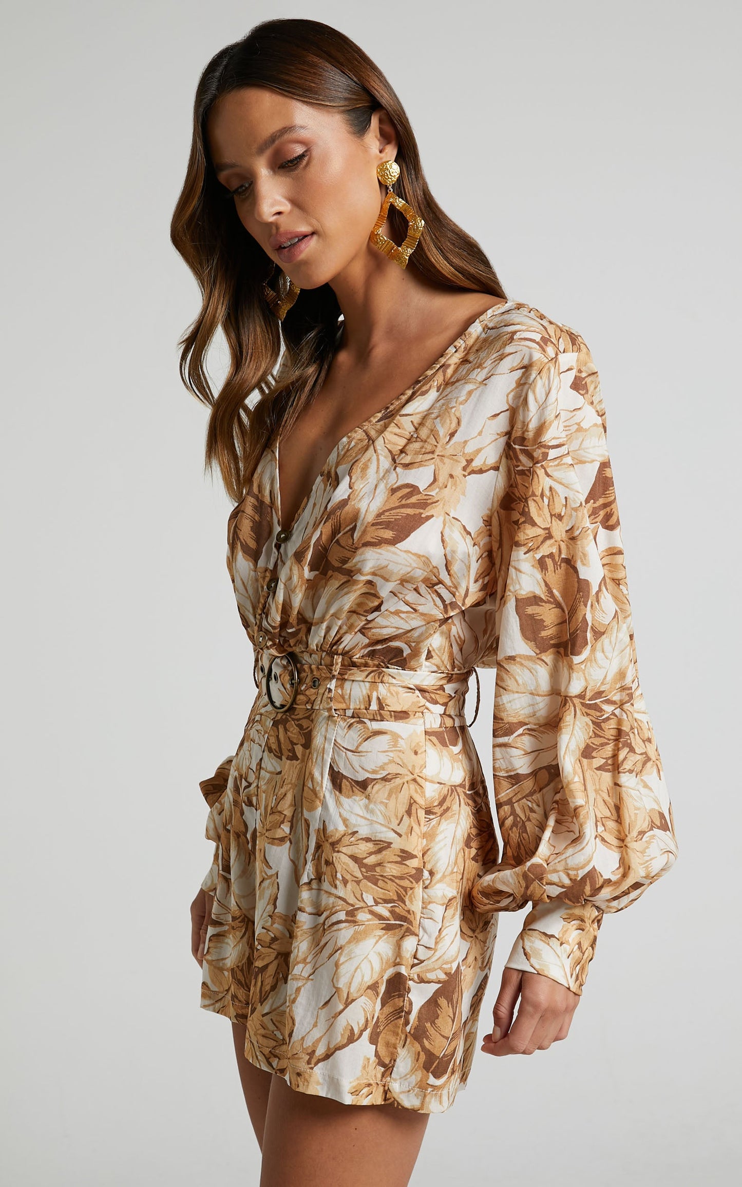 Amalie The Label - Lorete Linen Blend Belted Long Sleeve Playsuit in Frieja Print