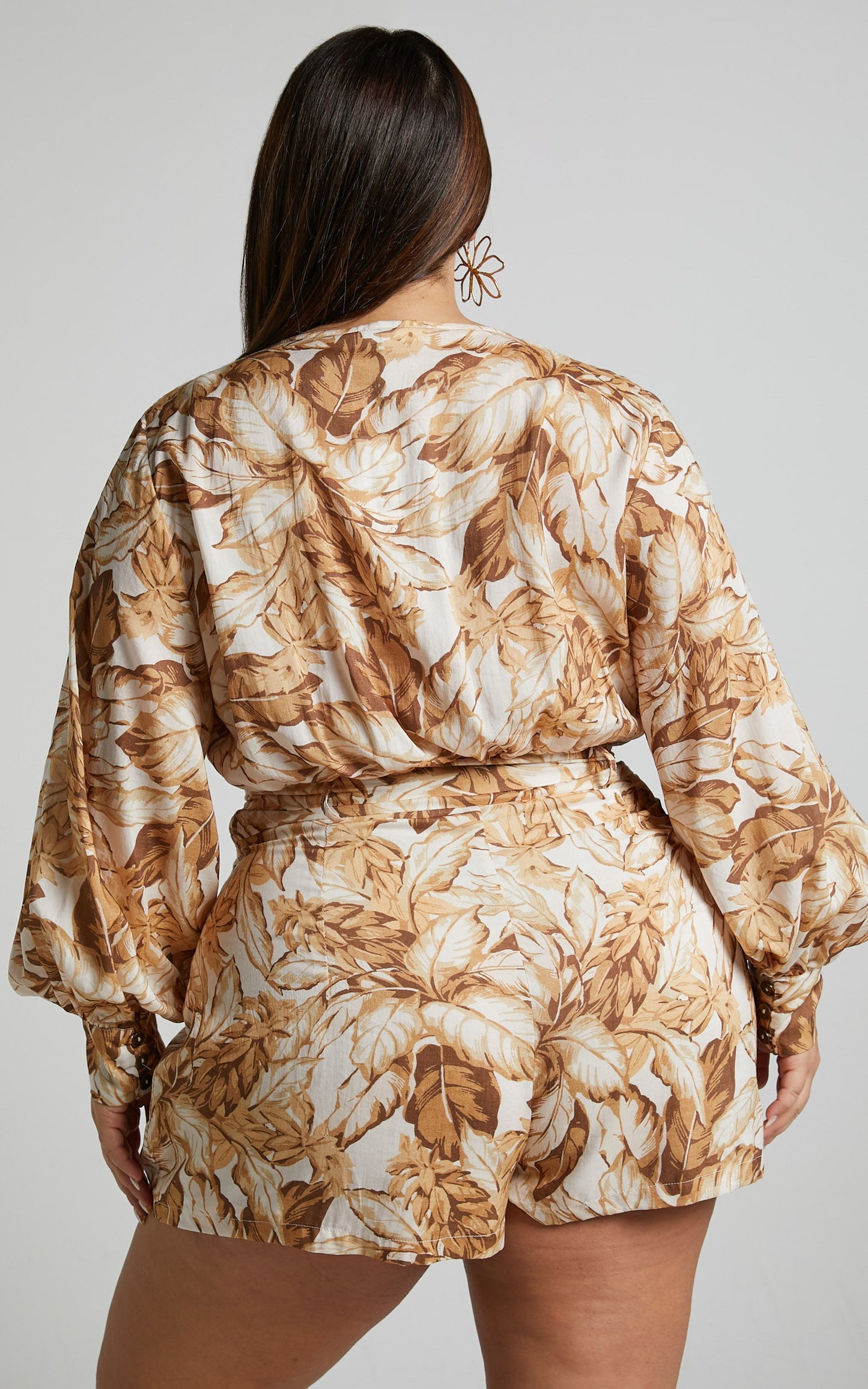 Amalie The Label - Lorete Linen Blend Belted Long Sleeve Playsuit in Frieja Print