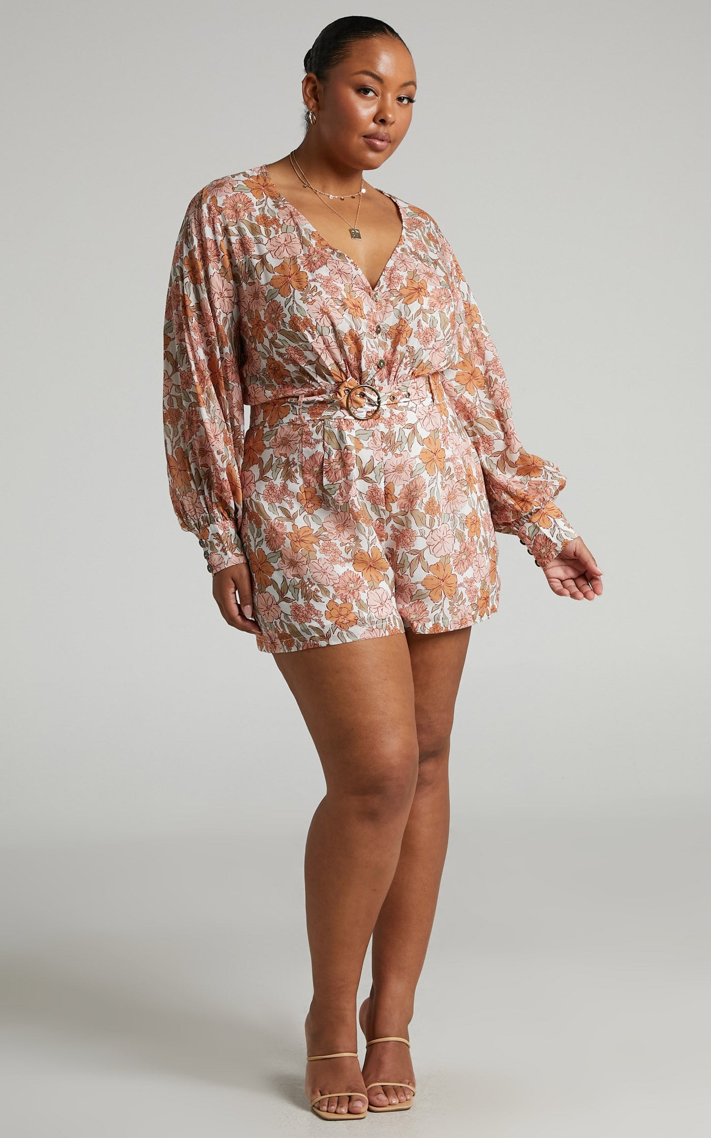 Amalie The Label - Lorete Linen Blend Belted Long Sleeve Playsuit in Wildflower Floral Print