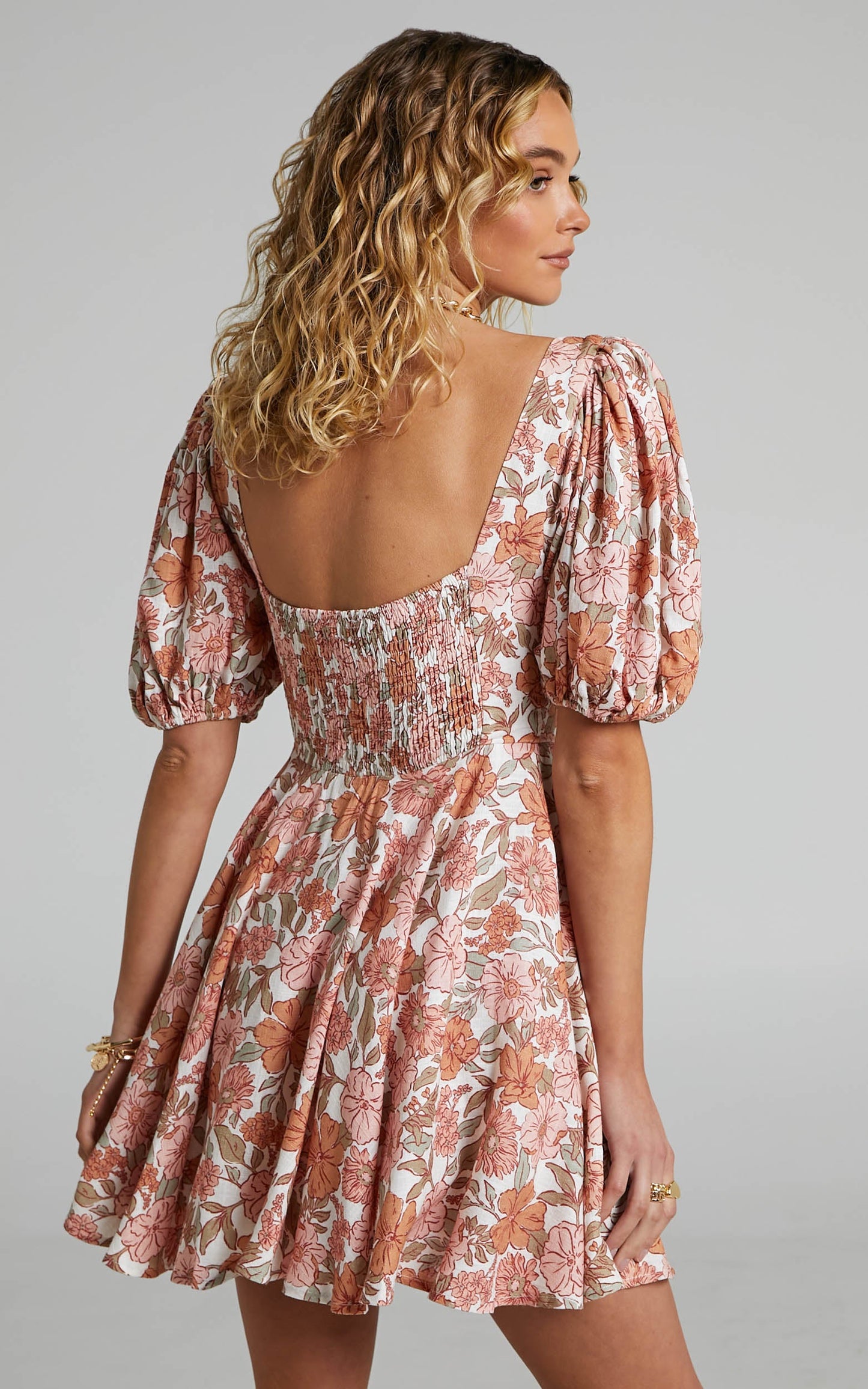 Amalie The Label - Lorete Linen Blend Puff Sleeve Mini Dress in Wildflower Floral Print