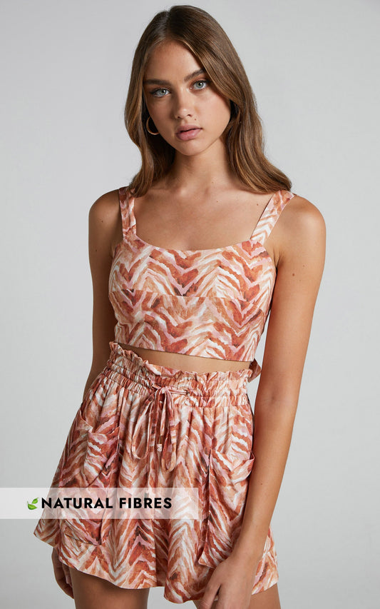 Amalie The Label - Lotte Linen Blend Eyelet Tie Back Crop Top in Tonal Zebra