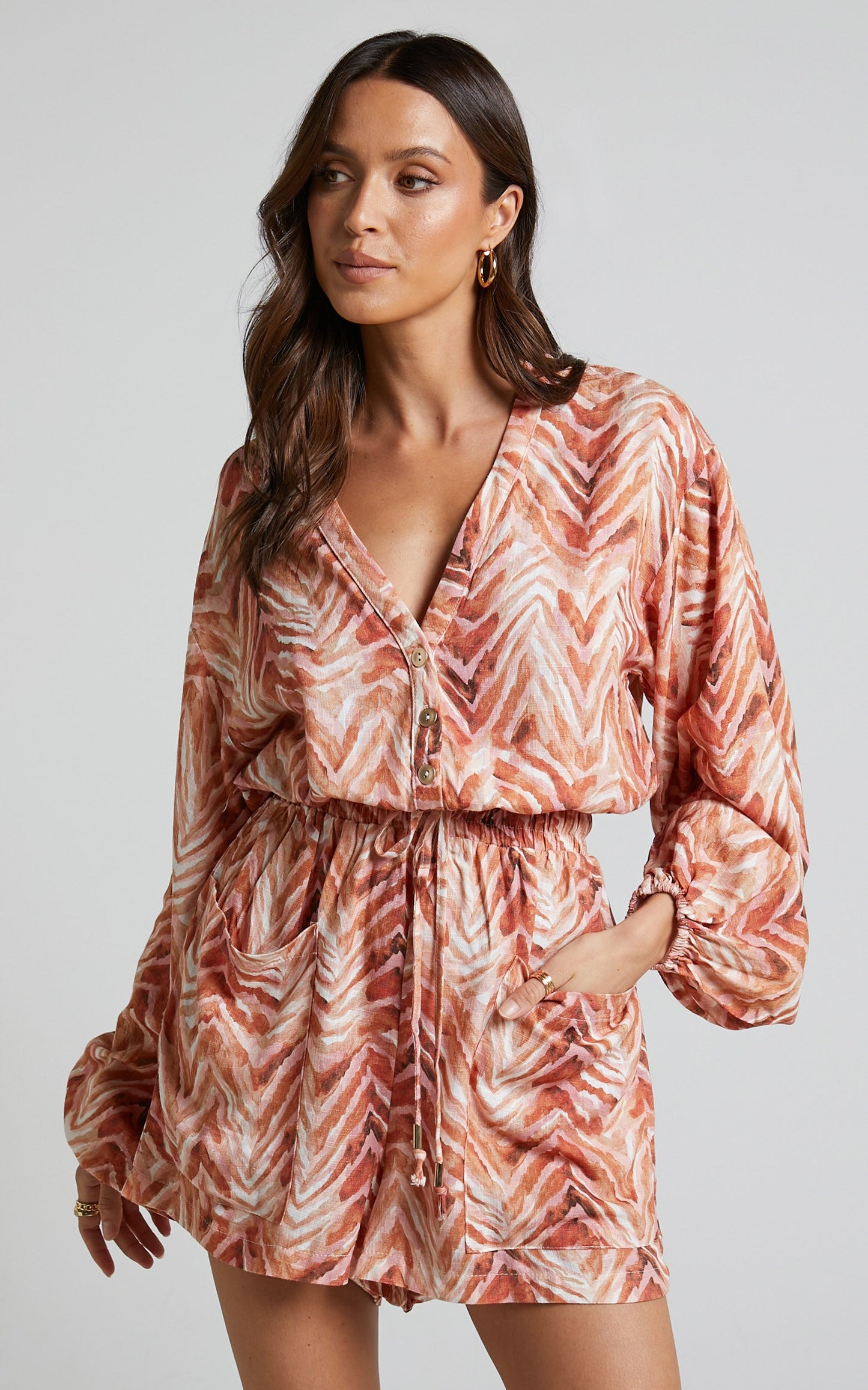 Amalie The Label - Lotte Linen Blend Long Sleeve Playsuit in Tonal Zebra
