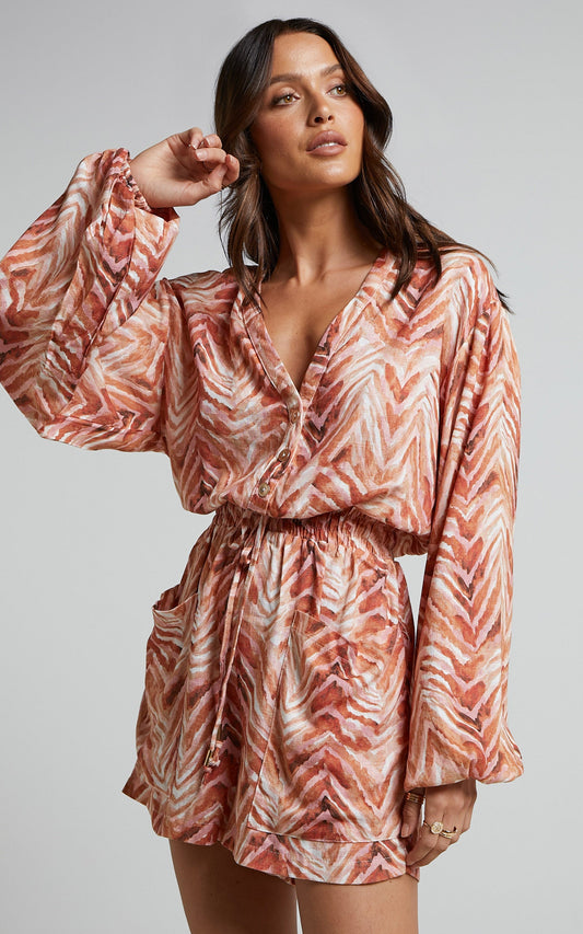 Amalie The Label - Lotte Linen Blend Long Sleeve Playsuit in Tonal Zebra