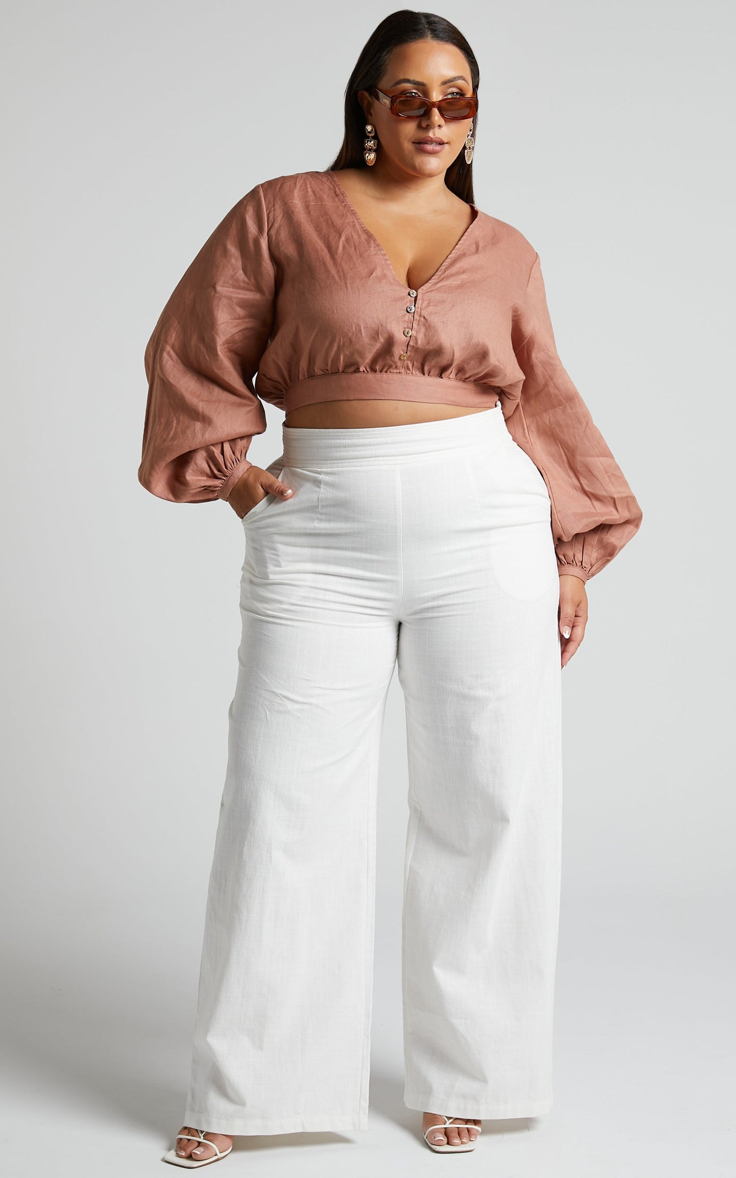Amalie The Label - Lotte Linen Tie Back Long Sleeve Crop Linen Top in Toffee