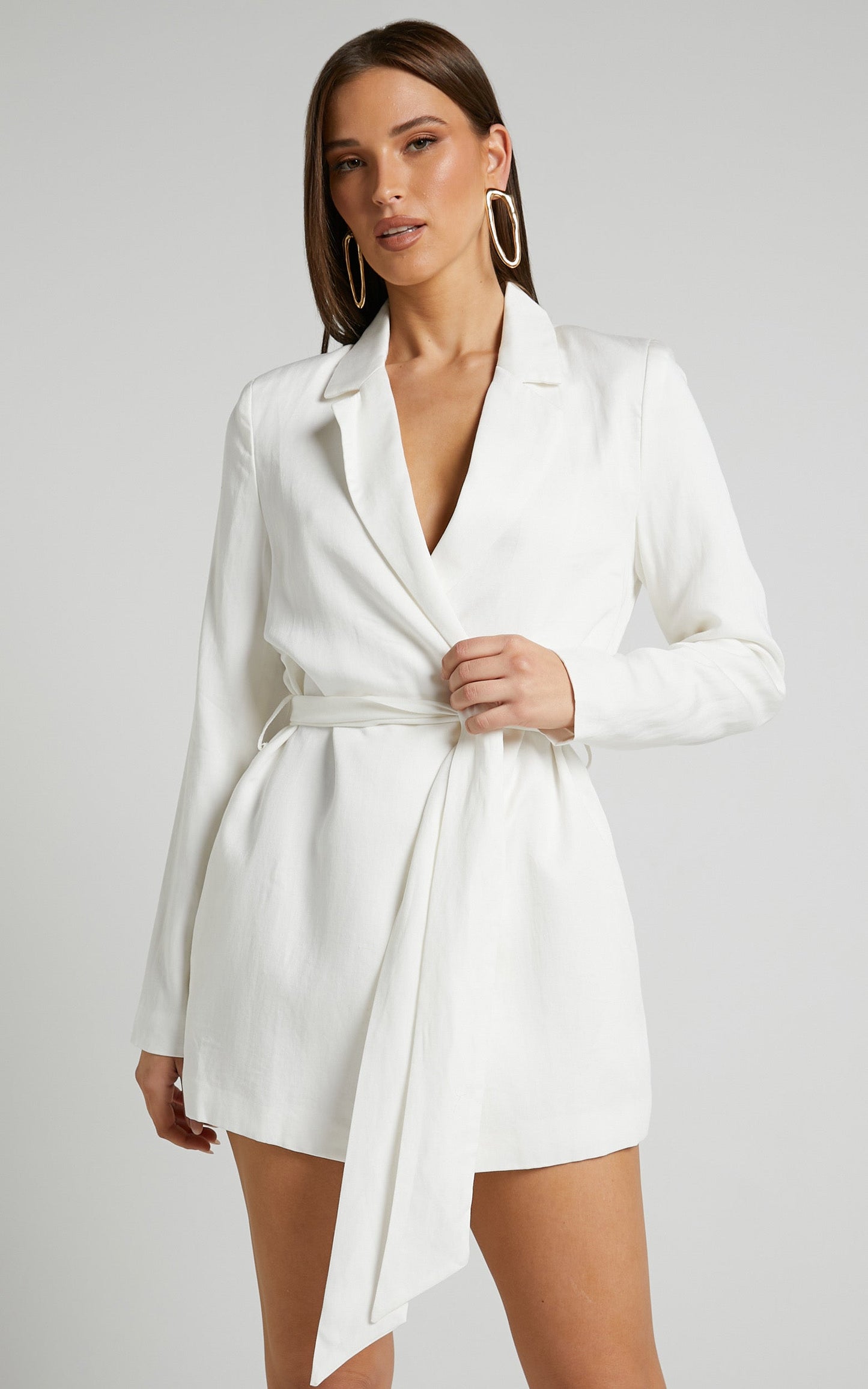 Amalie The Label - Lotte Linen Blend Tie Waist Wrap Blazer Dress in White