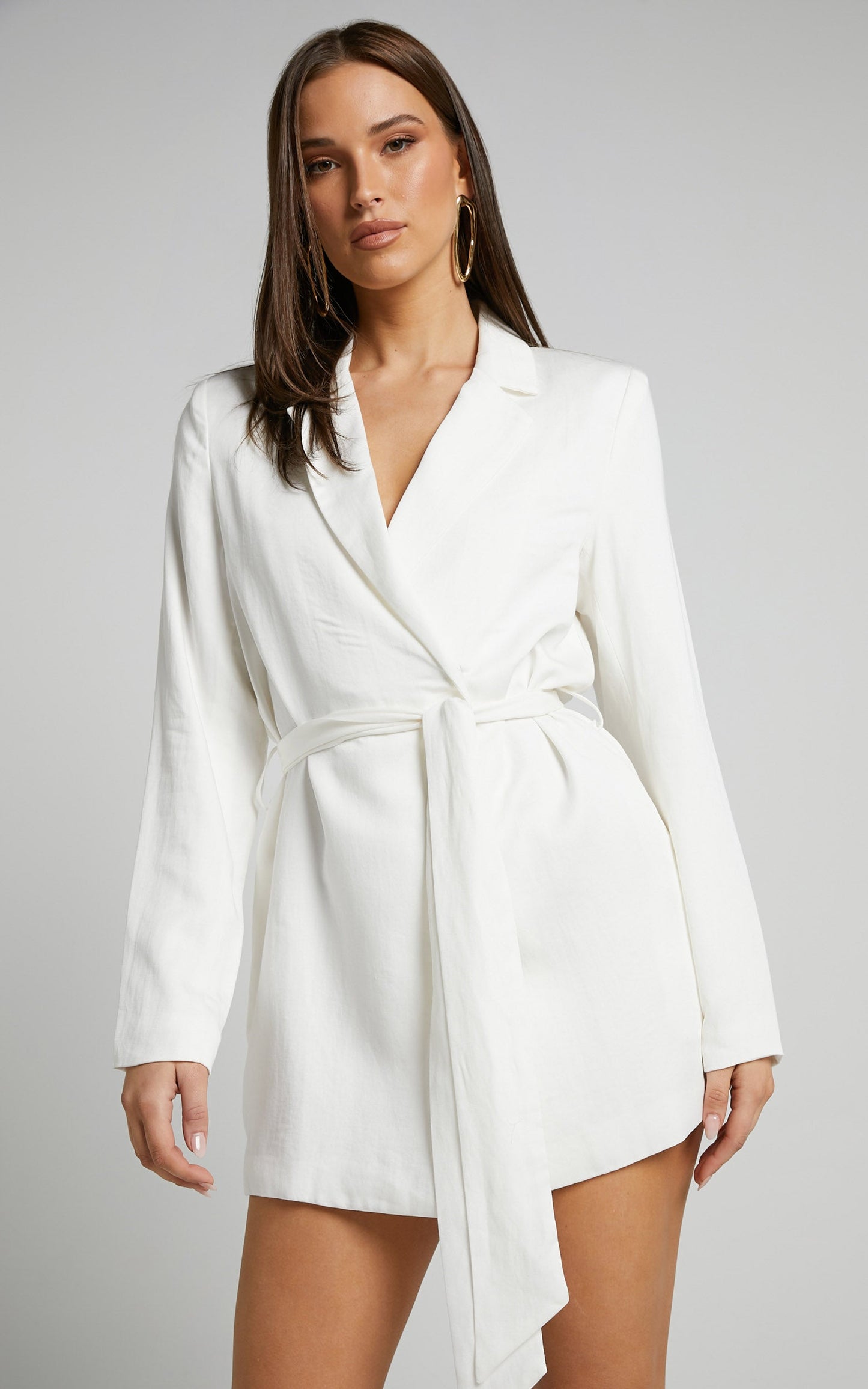 Amalie The Label - Lotte Linen Blend Tie Waist Wrap Blazer Dress in White