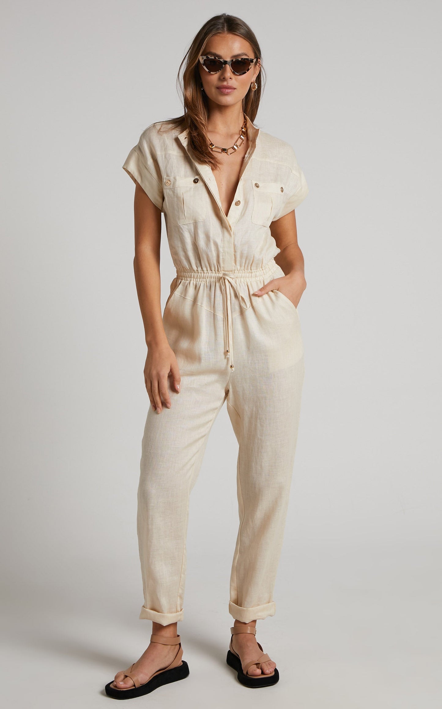 Amalie The Label - Lucia Linen Cap Sleeve Linen Jumpsuit in Oat