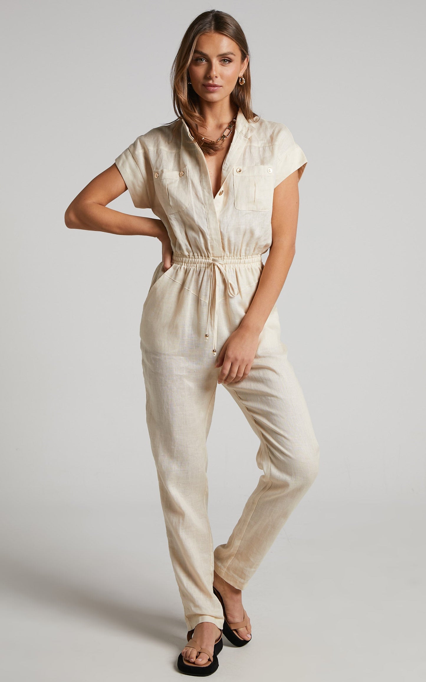 Amalie The Label - Lucia Linen Cap Sleeve Linen Jumpsuit in Oat
