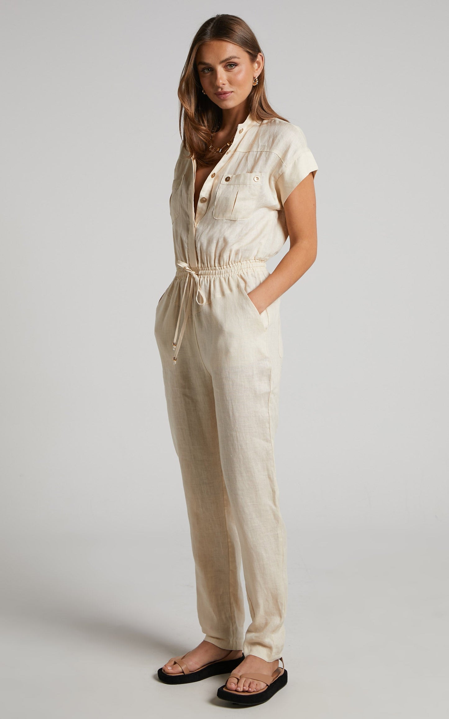 Amalie The Label - Lucia Linen Cap Sleeve Linen Jumpsuit in Oat