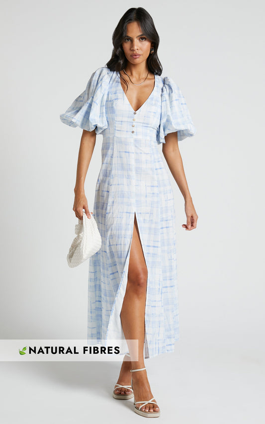 Amalie The Label - Lytina Linen Blend Puff Sleeve Open Back Midi Dress in Chieti Check Blue