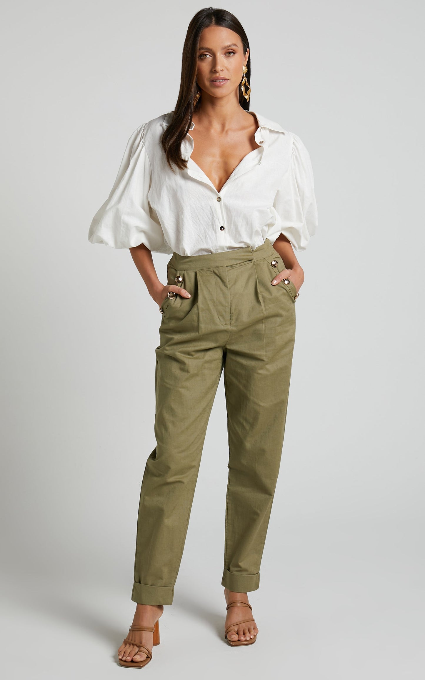 Amalie The Label - Mael Linen Look Blend High Waisted Tapered Pants in Khaki