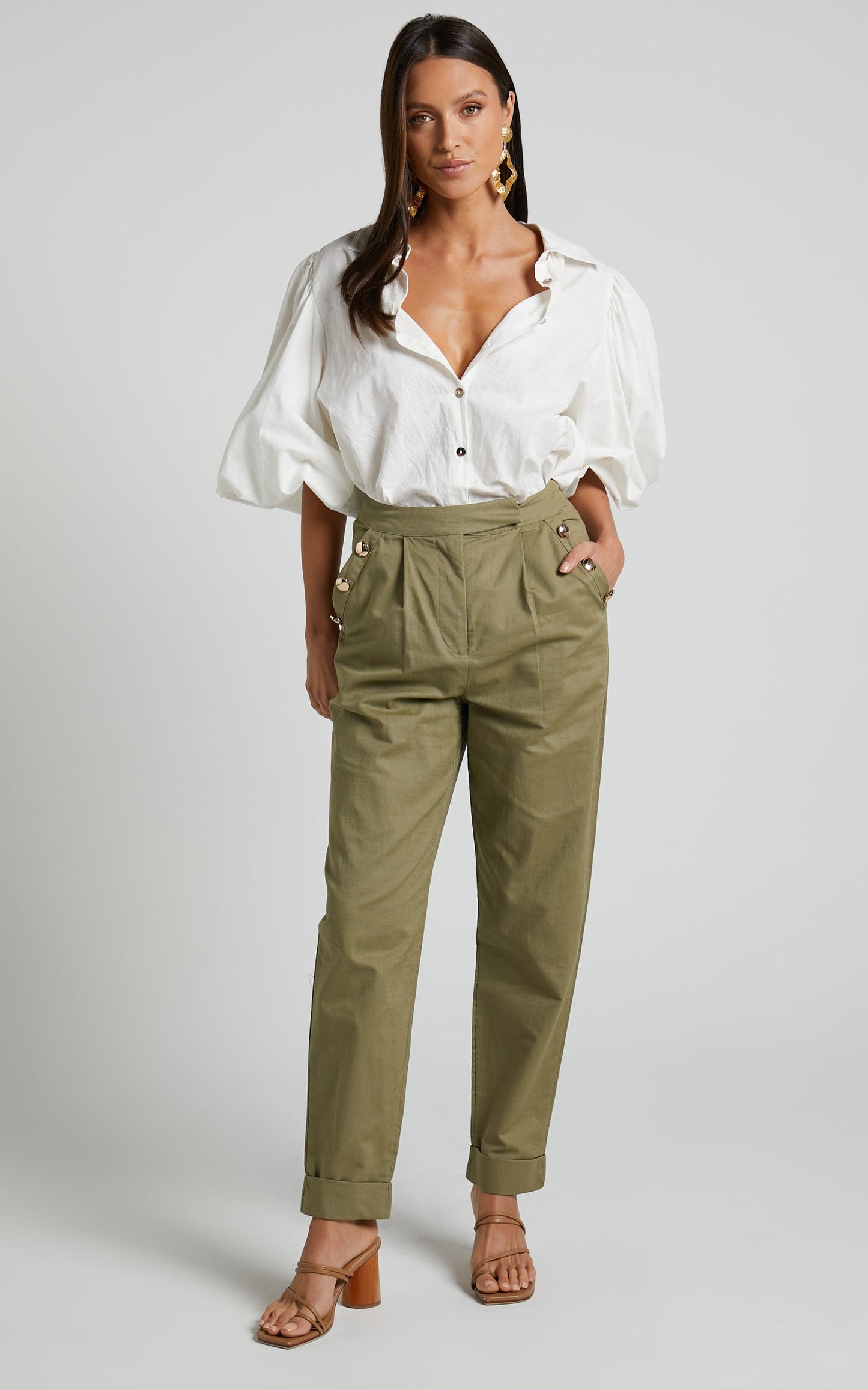 Amalie The Label - Mael Linen Look Blend High Waisted Tapered Pants in Khaki