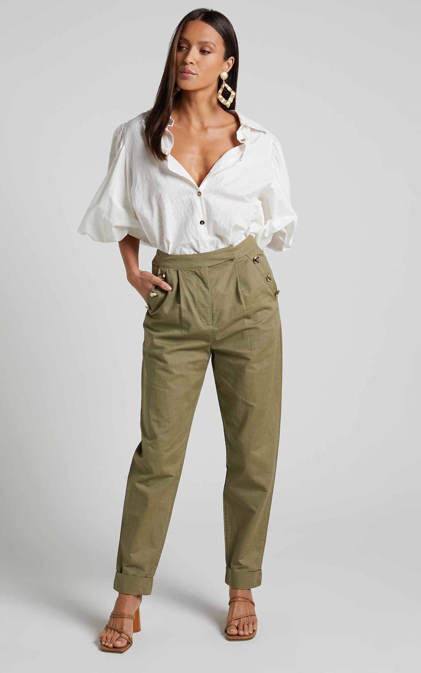 Amalie The Label - Mael Linen Look Blend High Waisted Tapered Pants in Khaki
