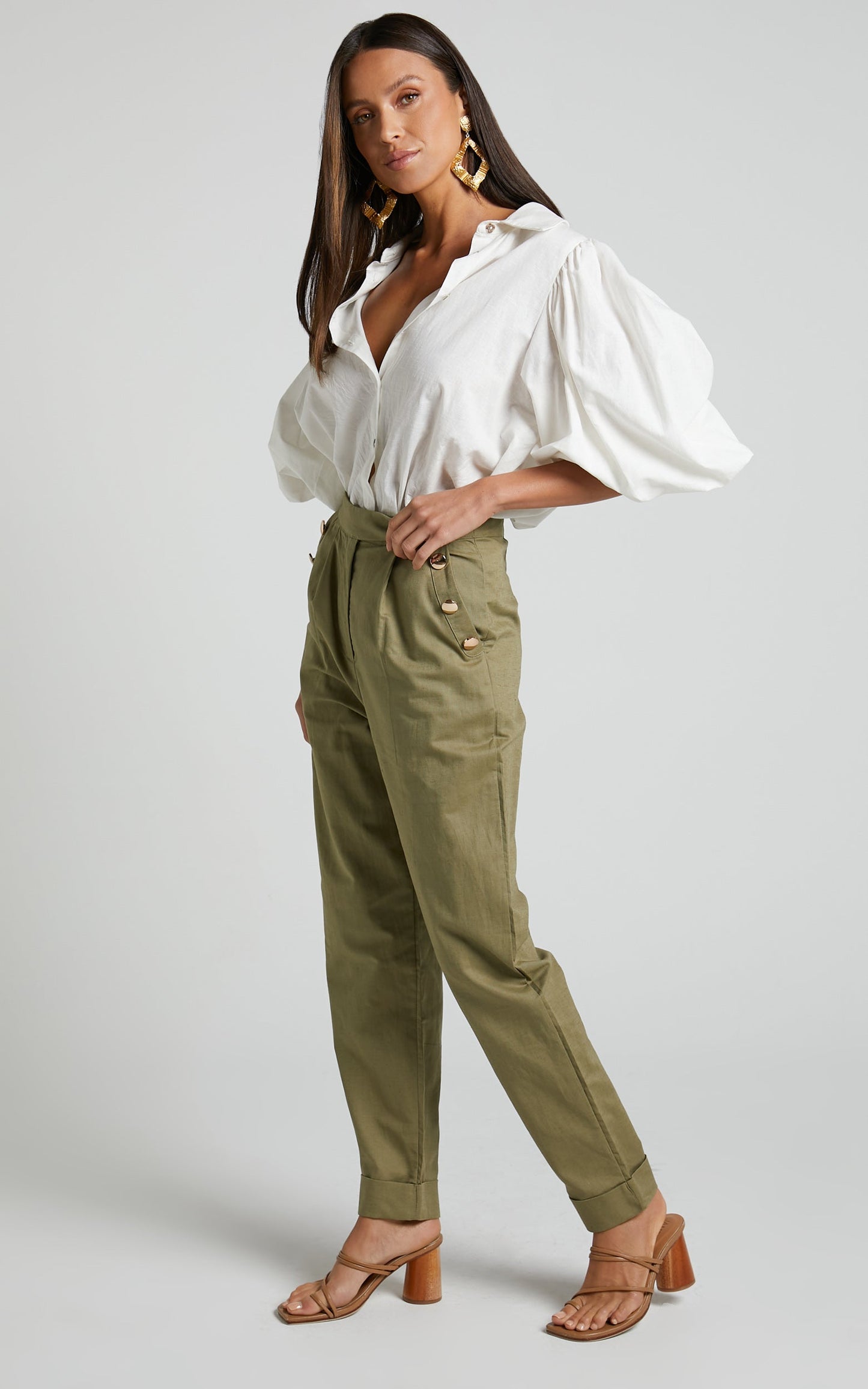 Amalie The Label - Mael Linen Look Blend High Waisted Tapered Pants in Khaki