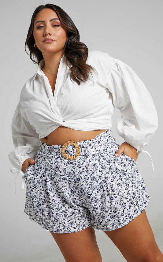 Amalie The Label - Maya Linen Belted High Waist Short in Blue Porcelain Floral