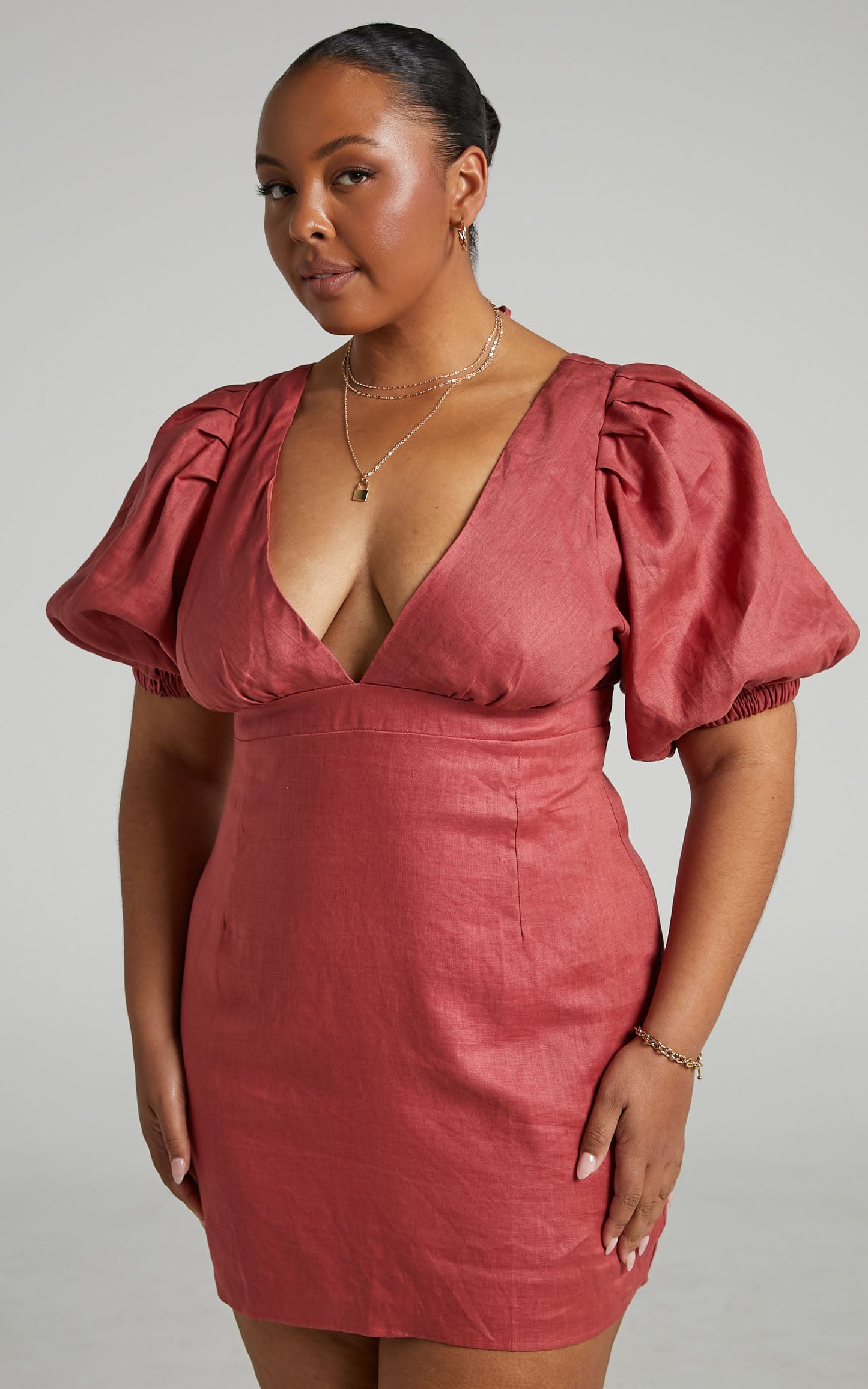 Amalie The Label - Mikaelle Linen Puff Sleeve Open Back Bodycon Mini Linen Dress in Burnt Rose