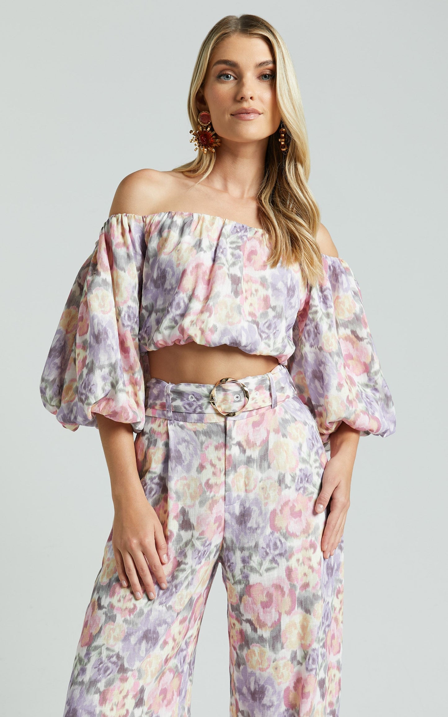 Amalie The Label - Mimie Linen Blend Short Puff Sleeve Tie Back Top in Aurora Print