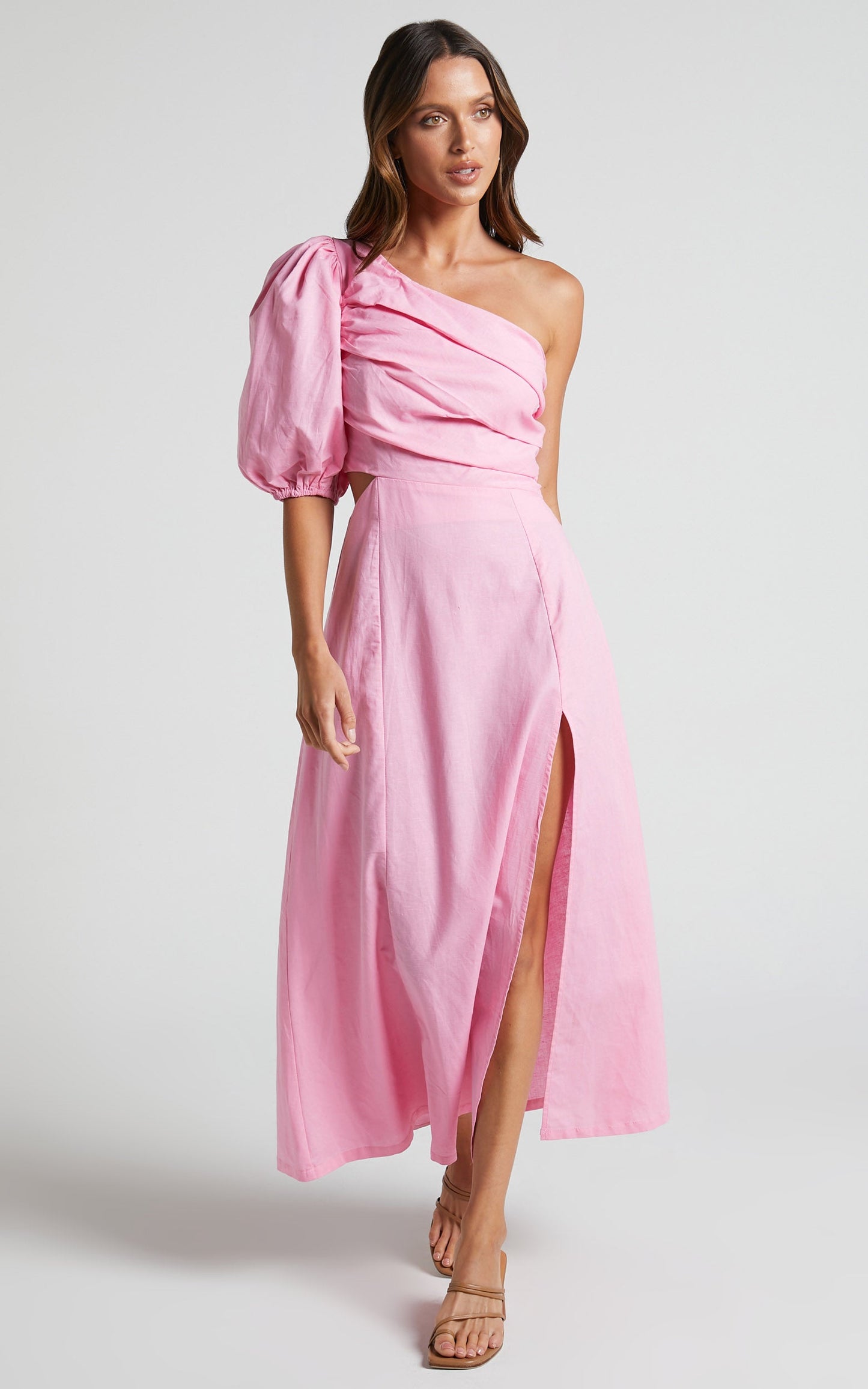 Amalie The Label - Mondie Linen Blend Cut Out One Shoulder Puff Sleeve Midi Dress in Pink
