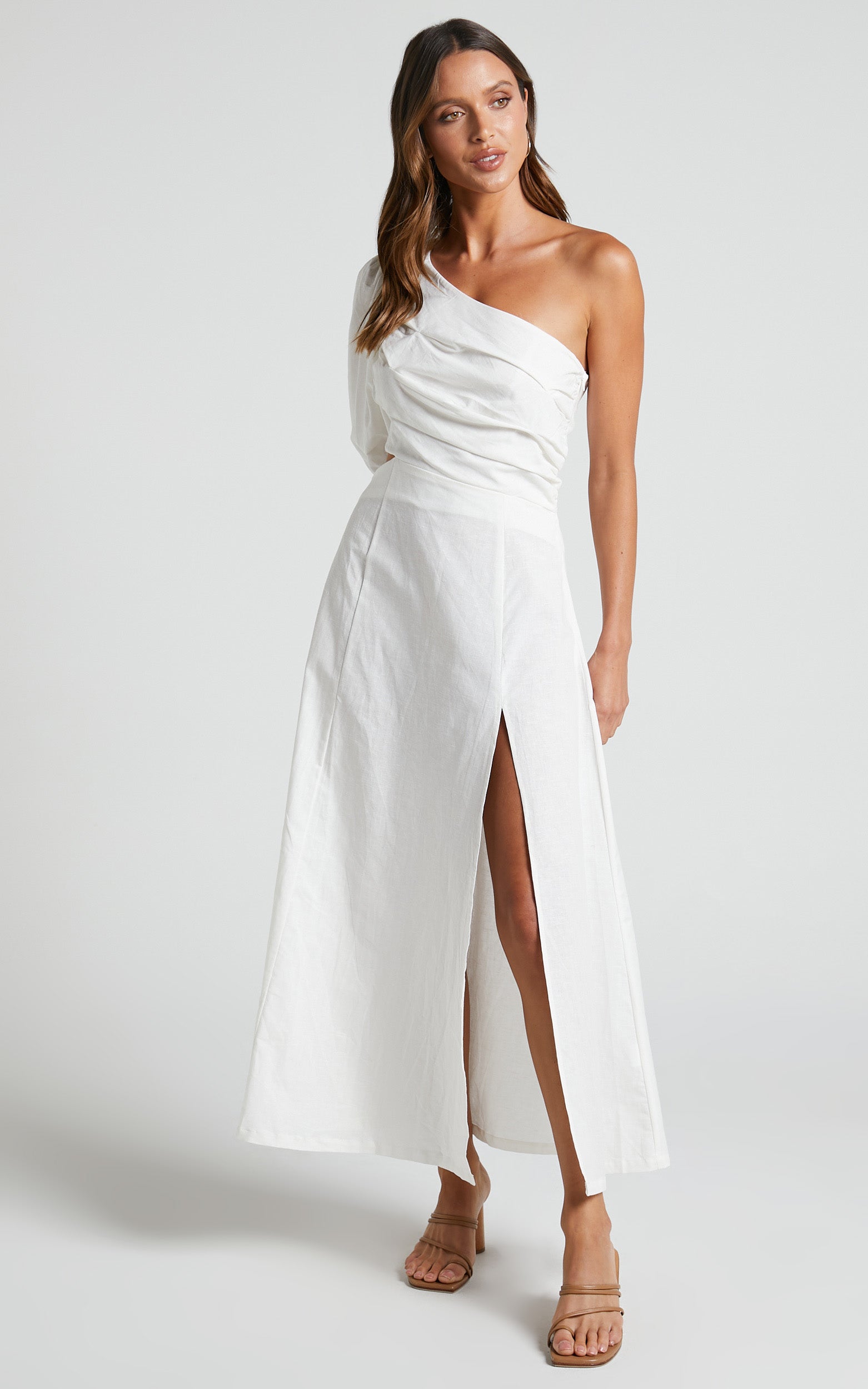 Amalie The Label - Mondie Linen Blend Cut Out One Shoulder Puff Sleeve Midi Dress in White