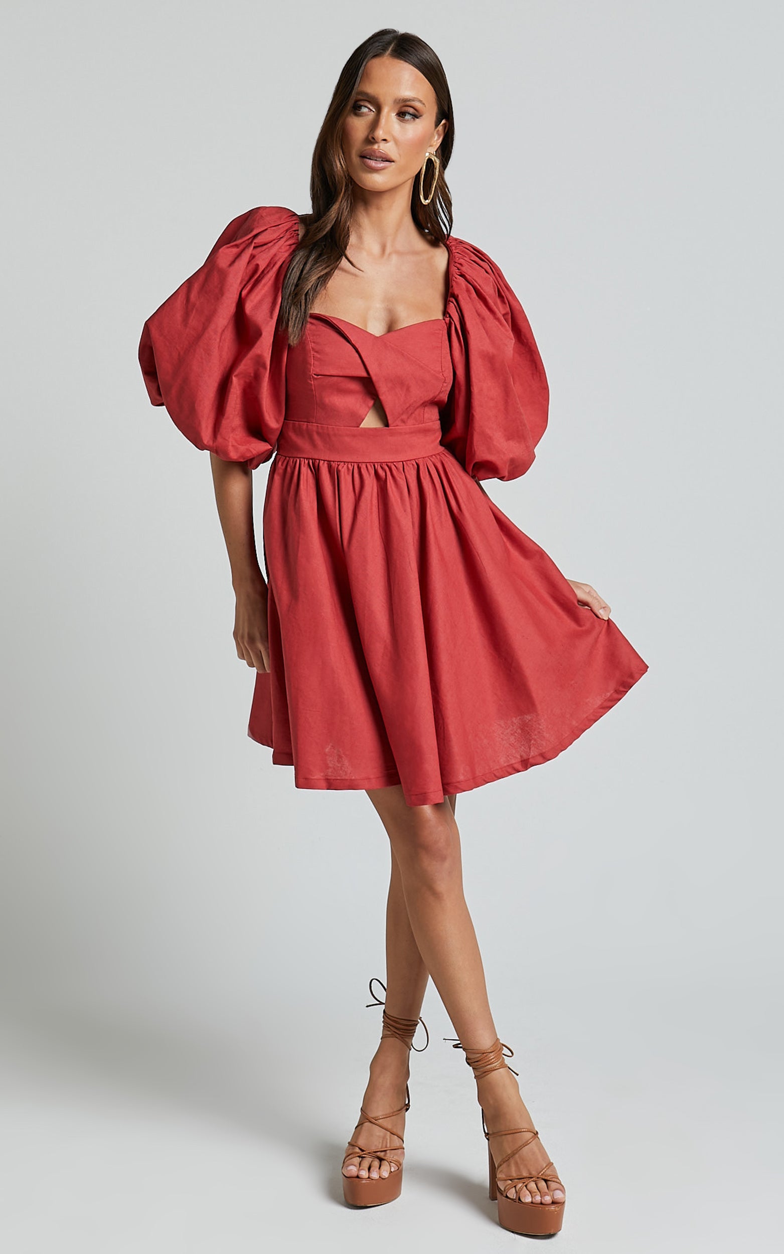 Amalie The Label - Penelopia Linen Look Blend Puff Sleeve Twist Bodice Mini Dress in Vermilion