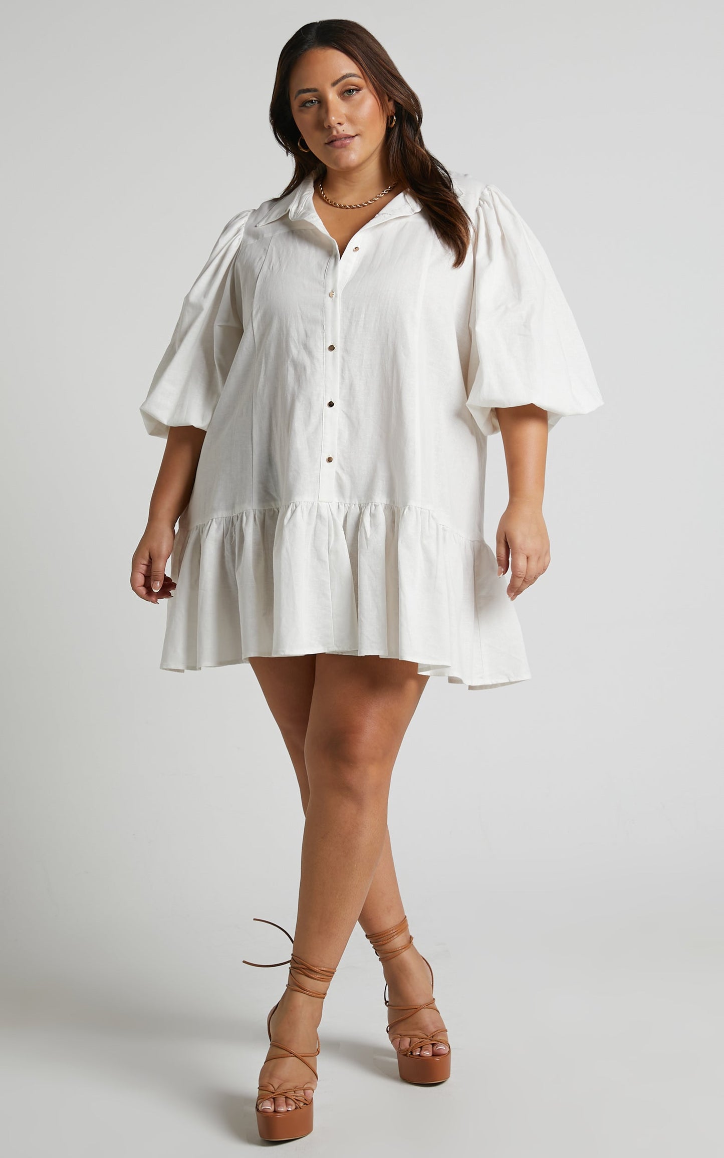 Amalie The Label - Rosabel Linen Look Blend Button Up Puff Sleeve Mini Shirt Dress in White