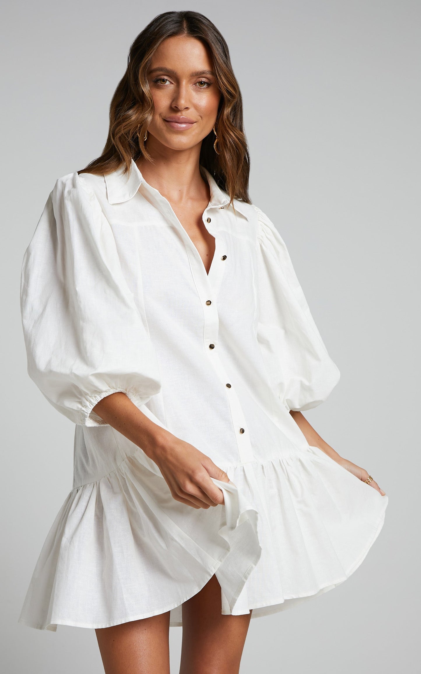 Amalie The Label - Rosabel Linen Look Blend Button Up Puff Sleeve Mini Shirt Dress in White