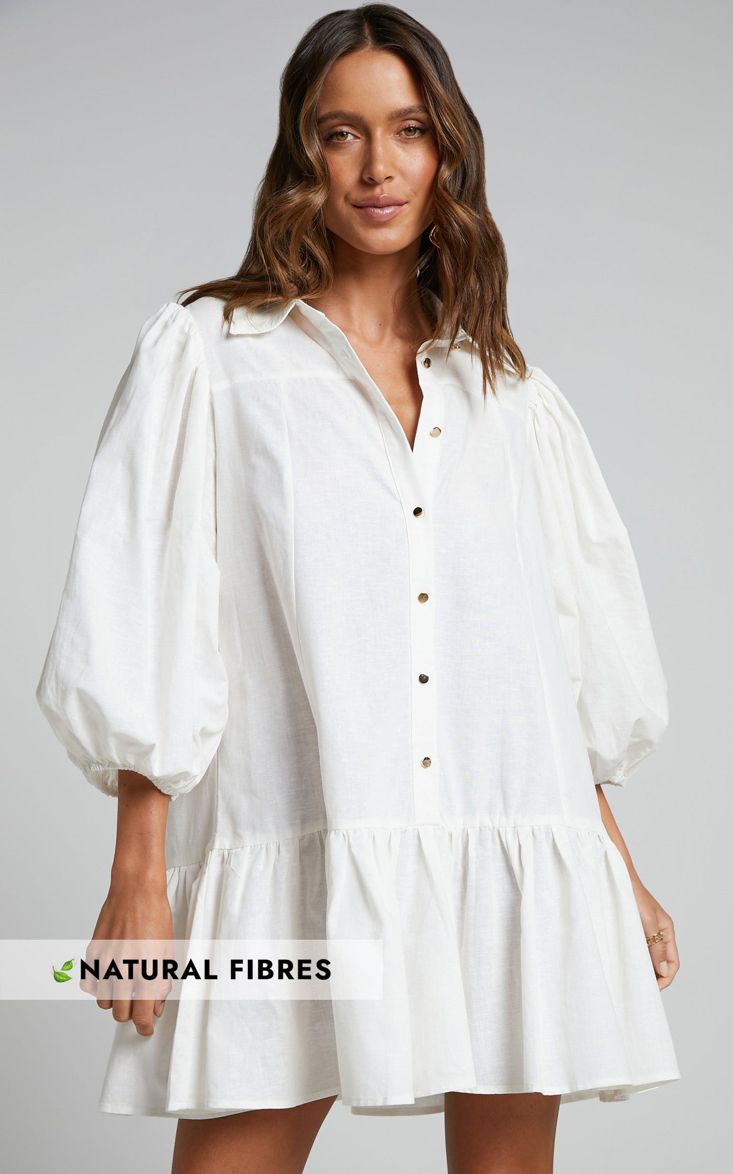 Amalie The Label - Rosabel Linen Look Blend Button Up Puff Sleeve Mini Shirt Dress in White
