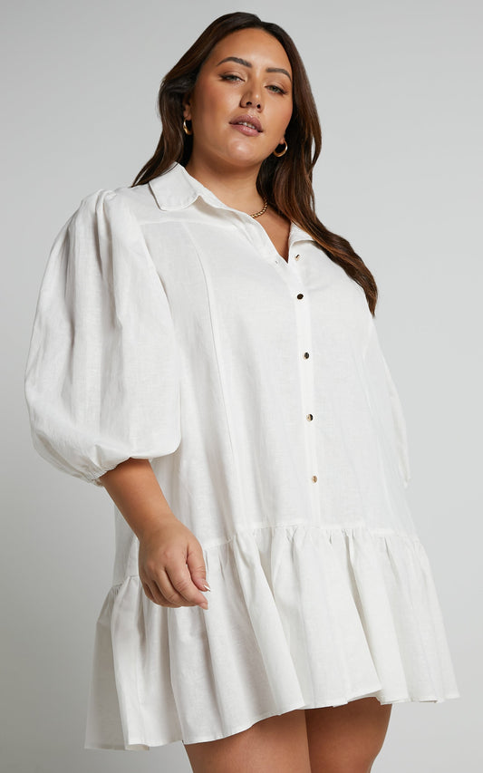 Amalie The Label - Rosabel Linen Look Blend Button Up Puff Sleeve Mini Shirt Dress in White