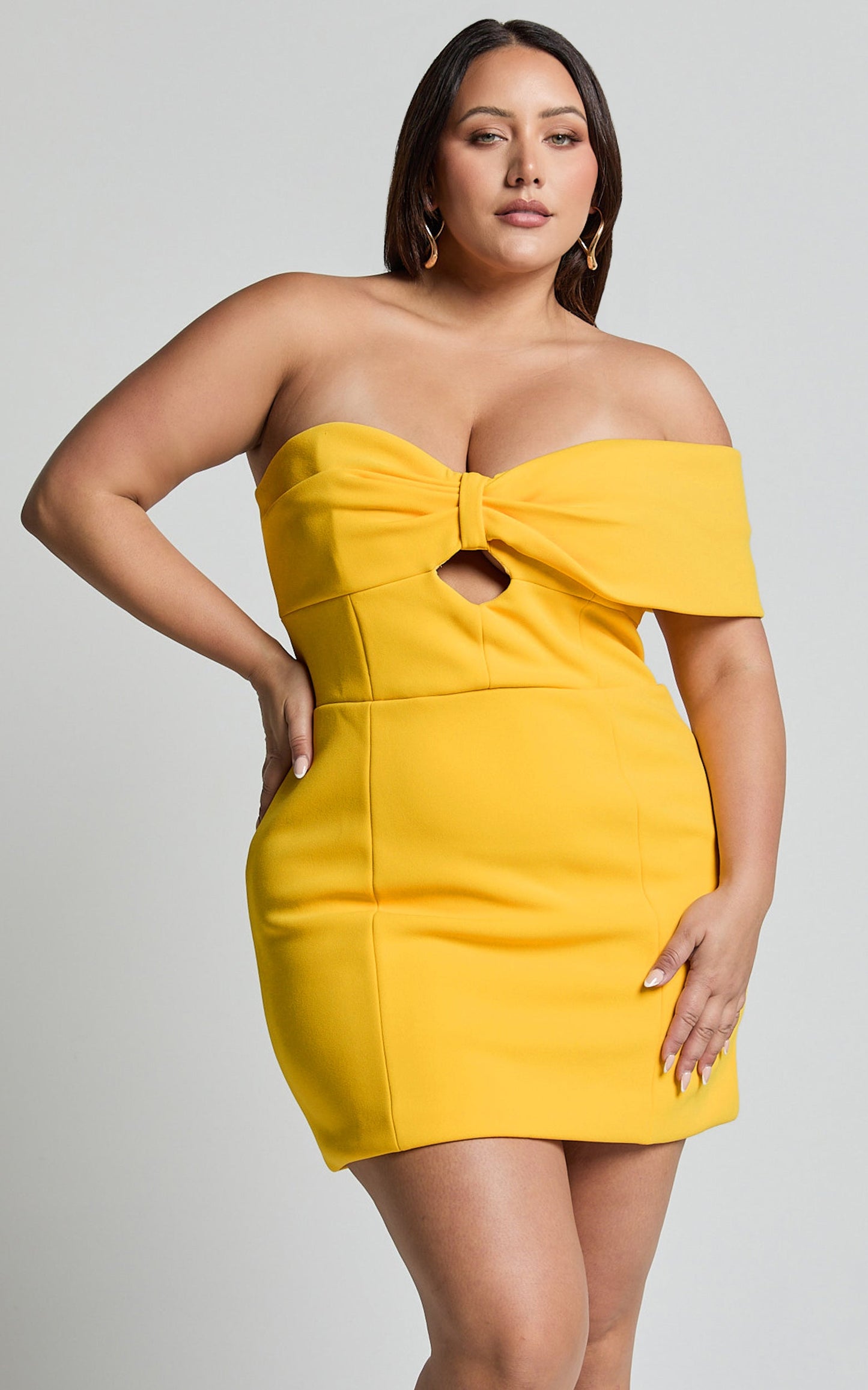 Amalie The Label - Seleste Off Shoulder Bow Detail Mini Dress in Yellow