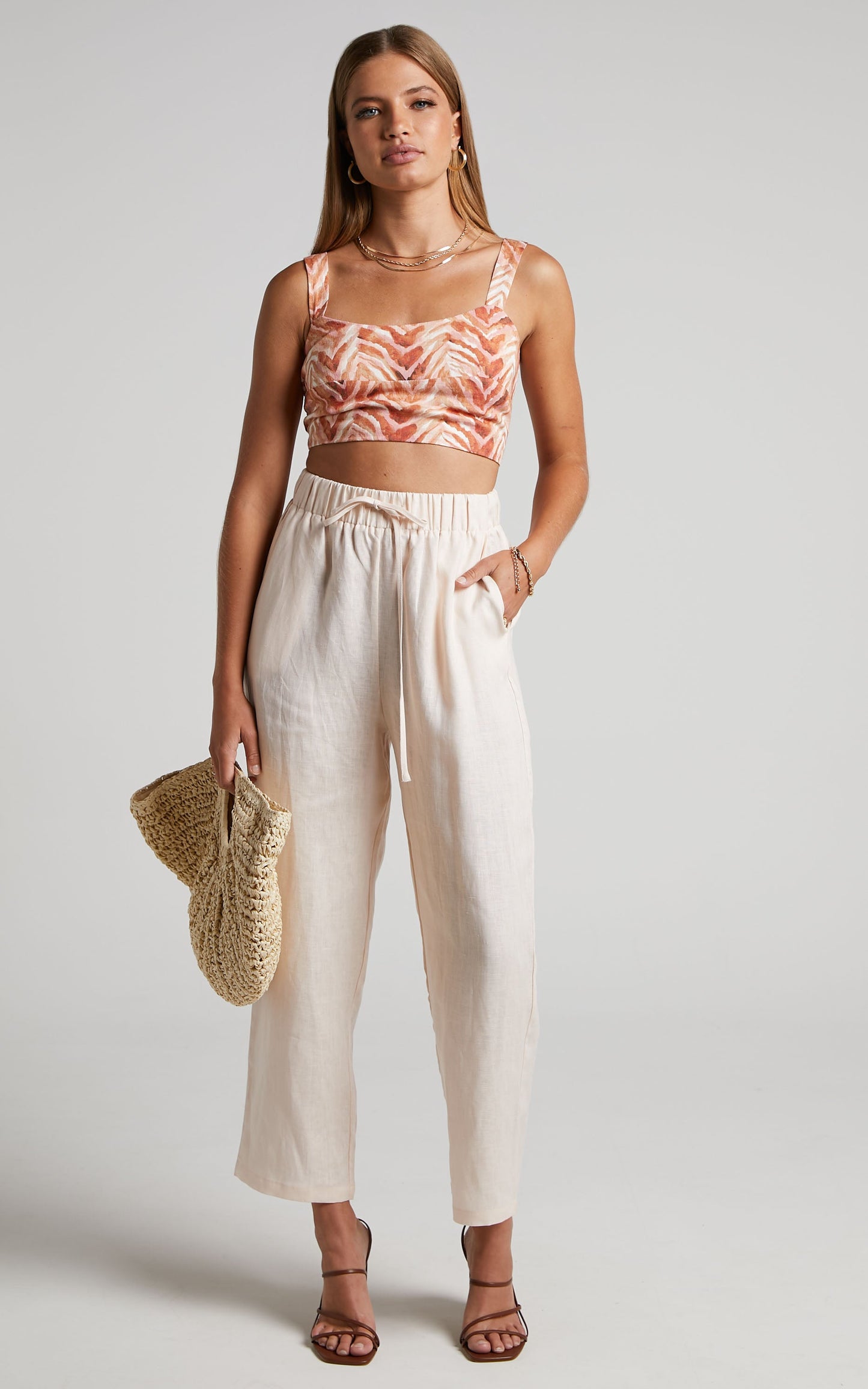 Amalie The Label - Linen Blend High Waisted Sunday Cigarette Pants in Pink Salt