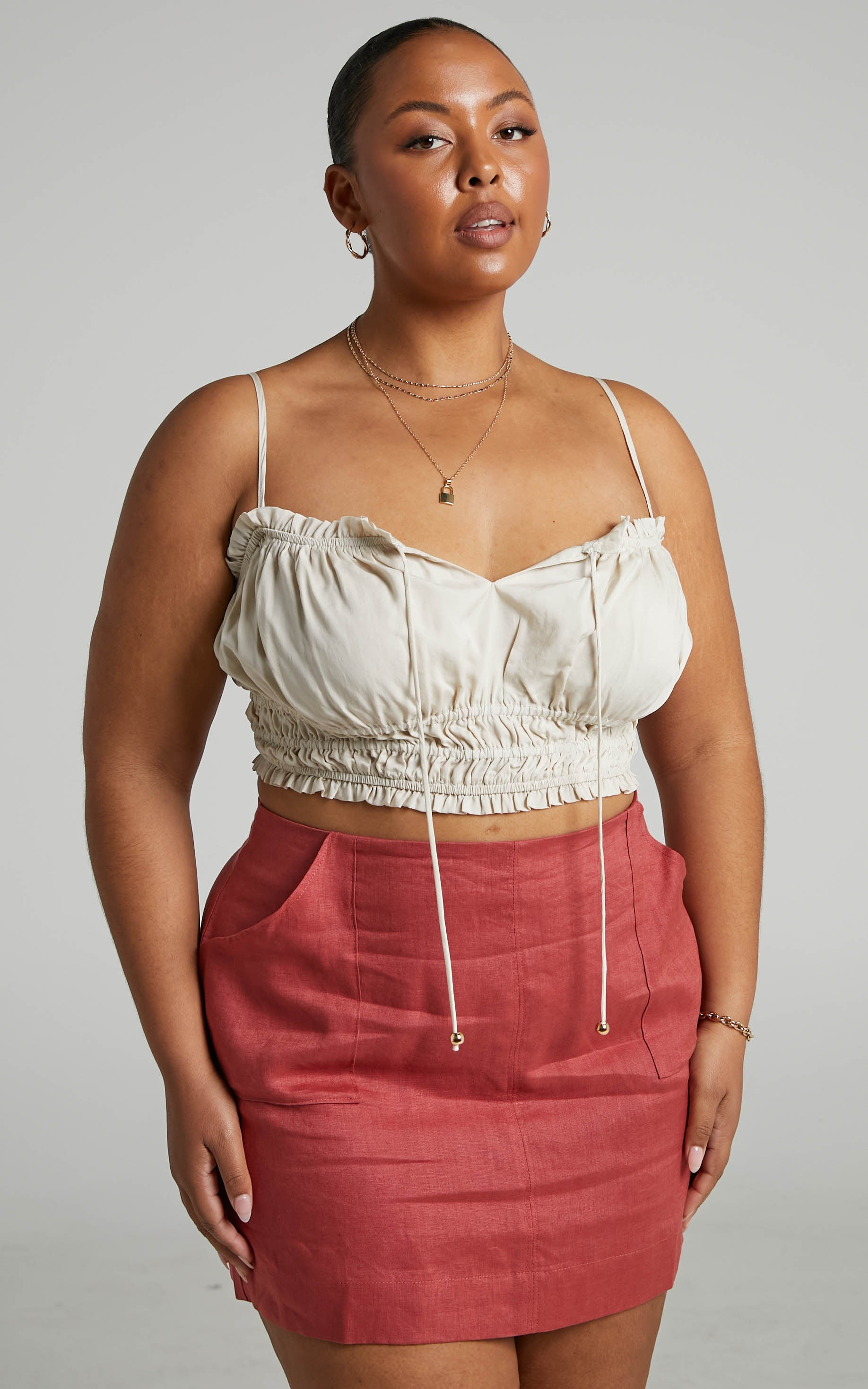 Amalie The Label - Xanthe Tiered Ruched Crop Cami in Oat