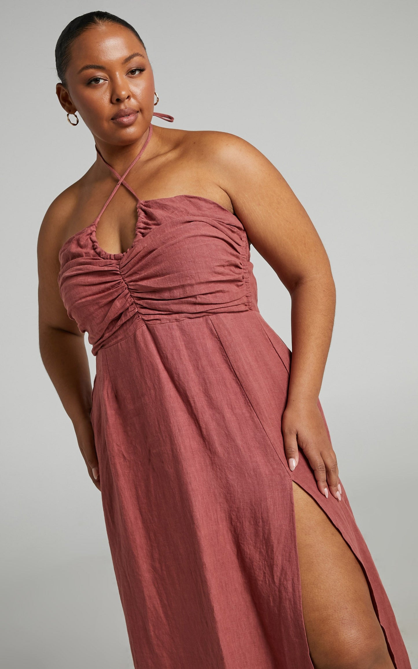 Amalie The Label - Zuri Linen Gathered Bodice Halter Maxi Linen Dress in Burnt Rose
