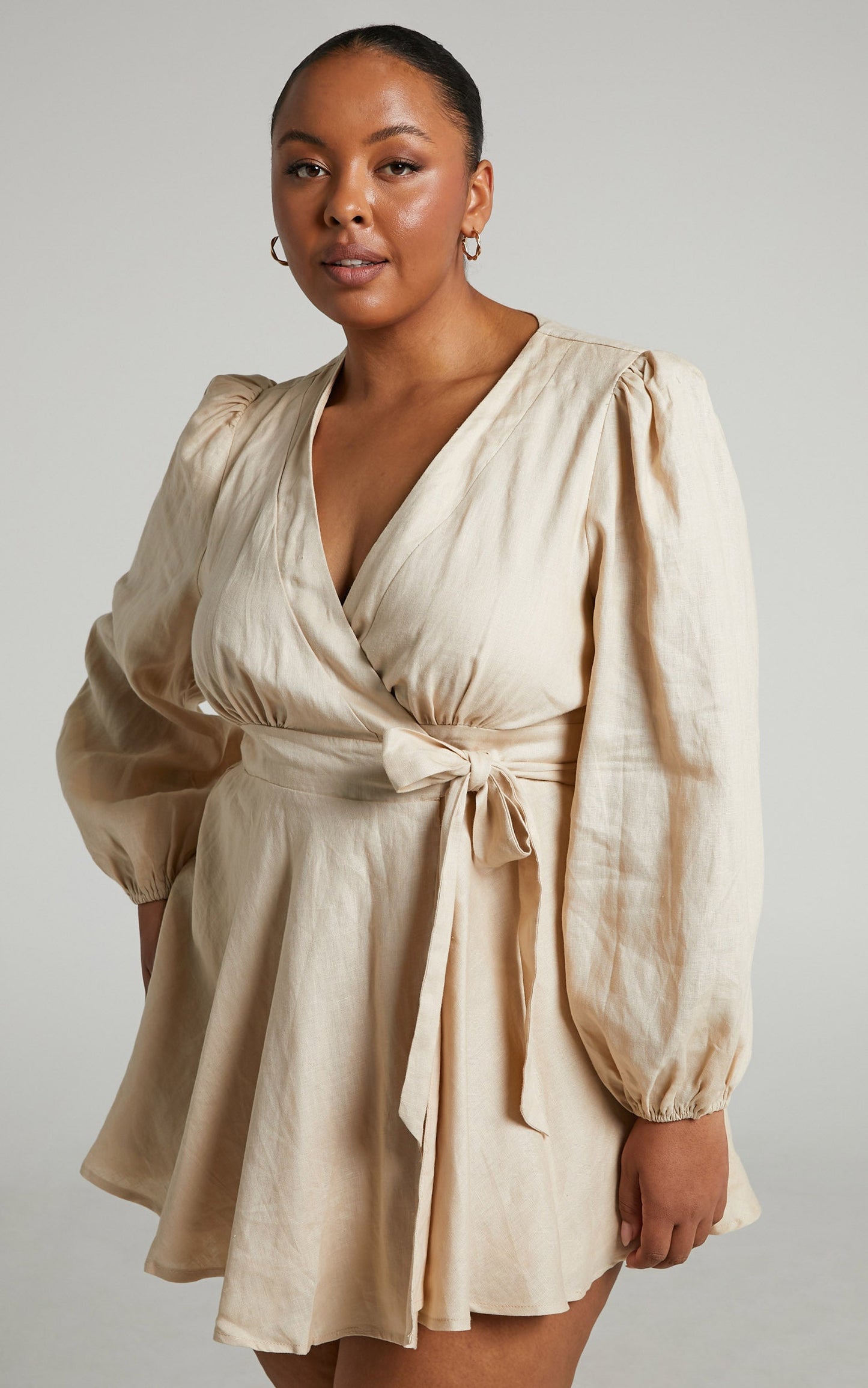 Amalie The Label - Zuri Linen Long Sleeve Wrap Mini Linen Dress in Oat