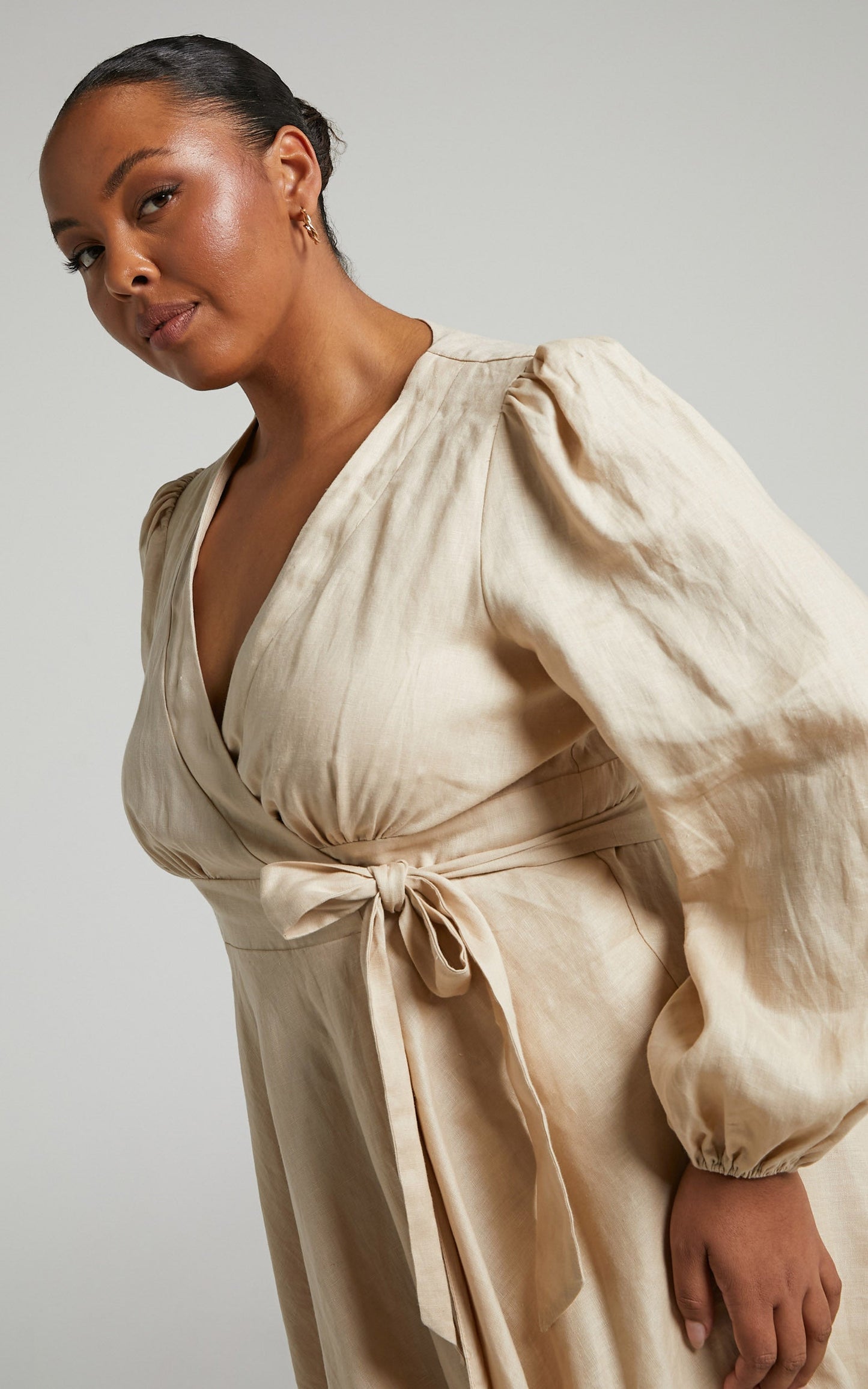 Amalie The Label - Zuri Linen Long Sleeve Wrap Mini Linen Dress in Oat