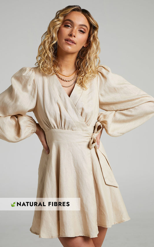 Amalie The Label - Zuri Linen Long Sleeve Wrap Mini Linen Dress in Oat