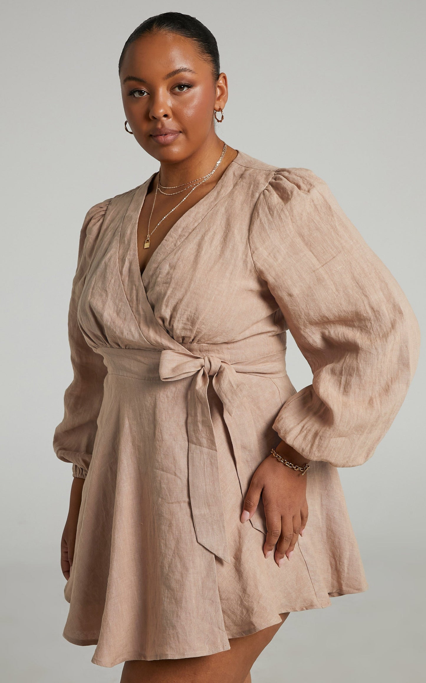 Amalie The Label - Zuri Linen Long Sleeve Wrap Mini Linen Dress in Stone
