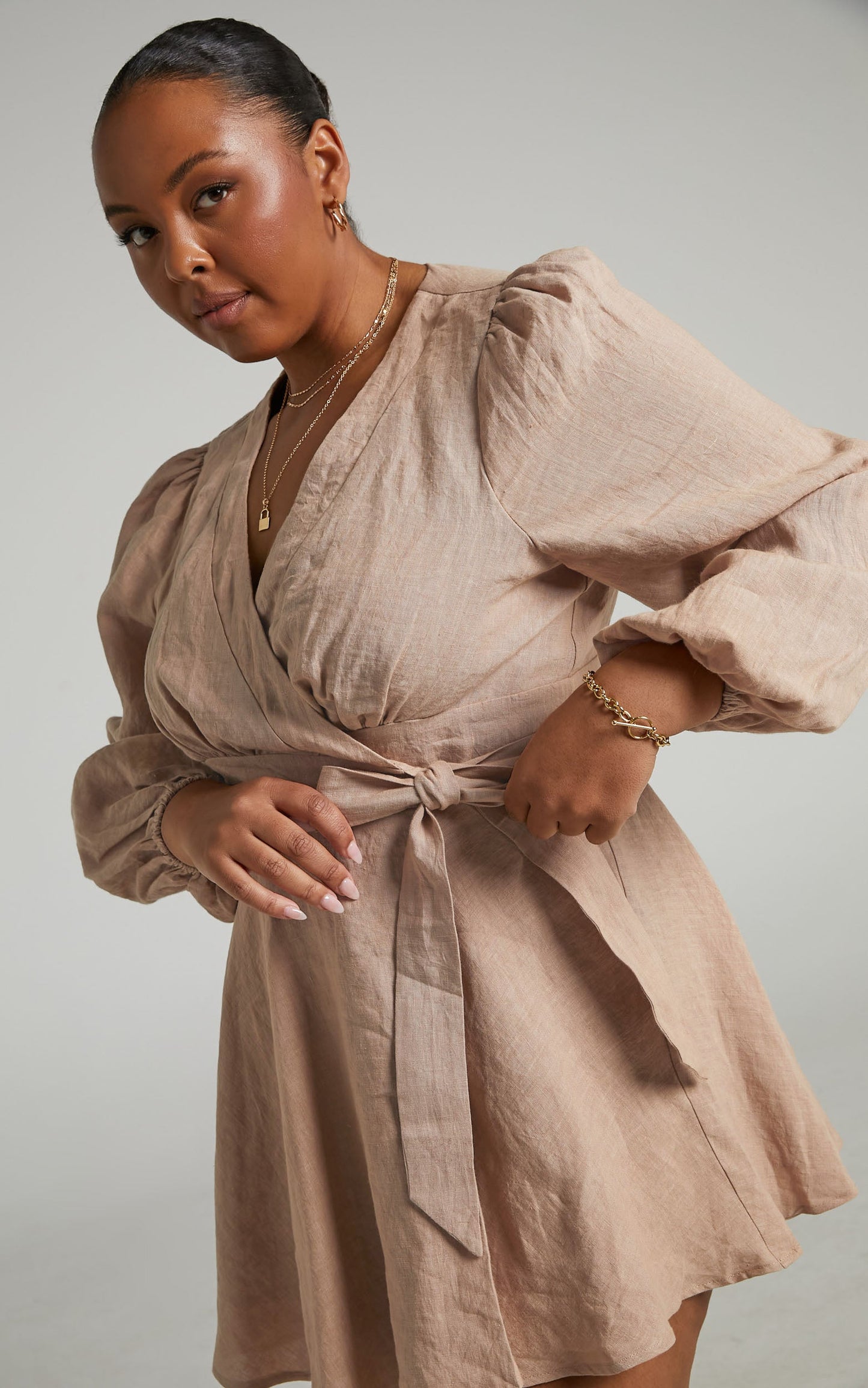 Amalie The Label - Zuri Linen Long Sleeve Wrap Mini Linen Dress in Stone