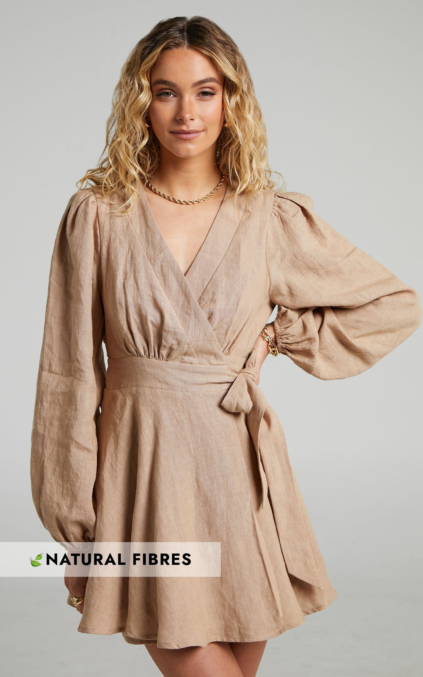 Amalie The Label - Zuri Linen Long Sleeve Wrap Mini Linen Dress in Stone