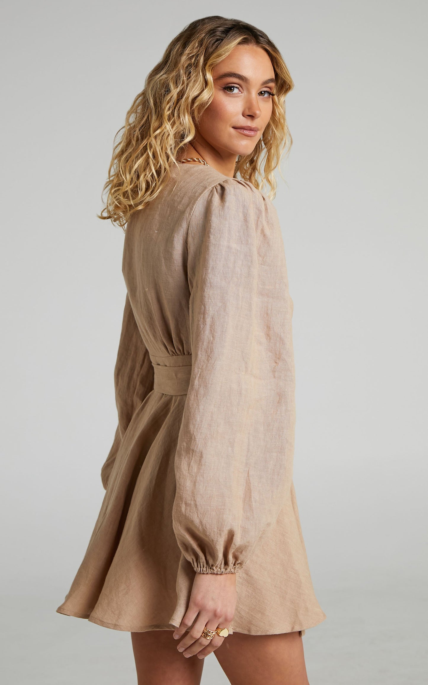 Amalie The Label - Zuri Linen Long Sleeve Wrap Mini Linen Dress in Stone