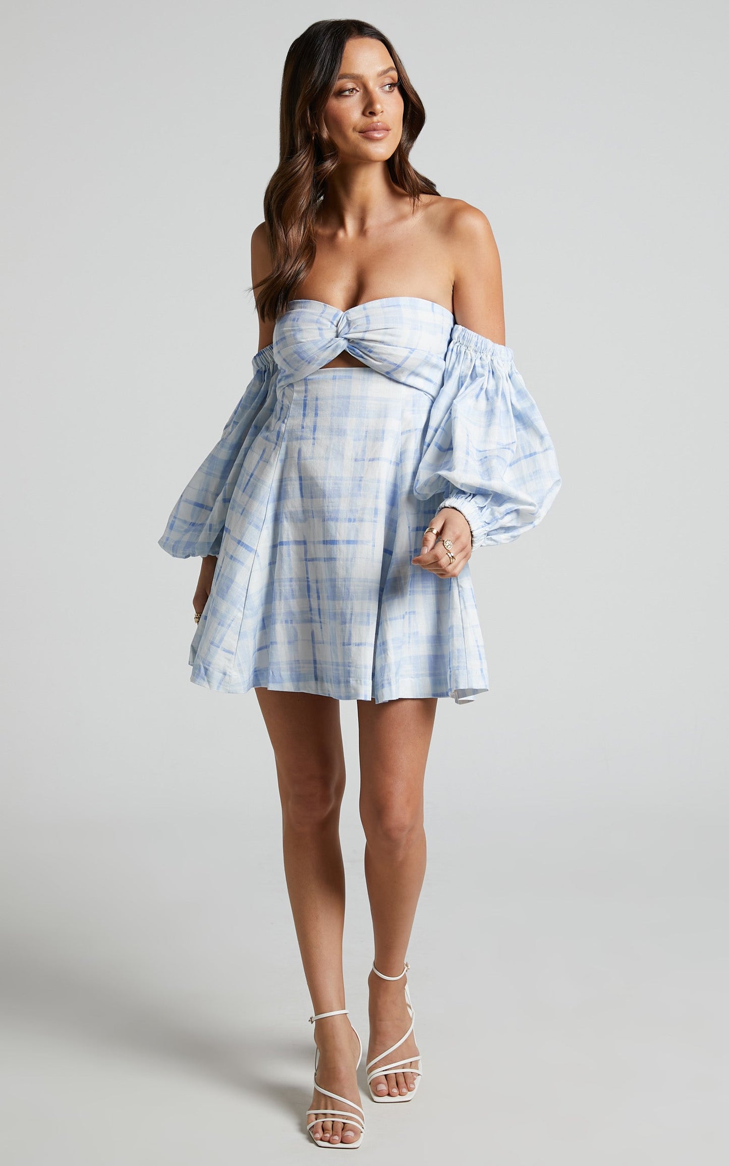 Amalie The Label - Emerita Linen Blend Off Shoulder Puff Sleeve Twist Mini Dress in Chieti Check Blue
