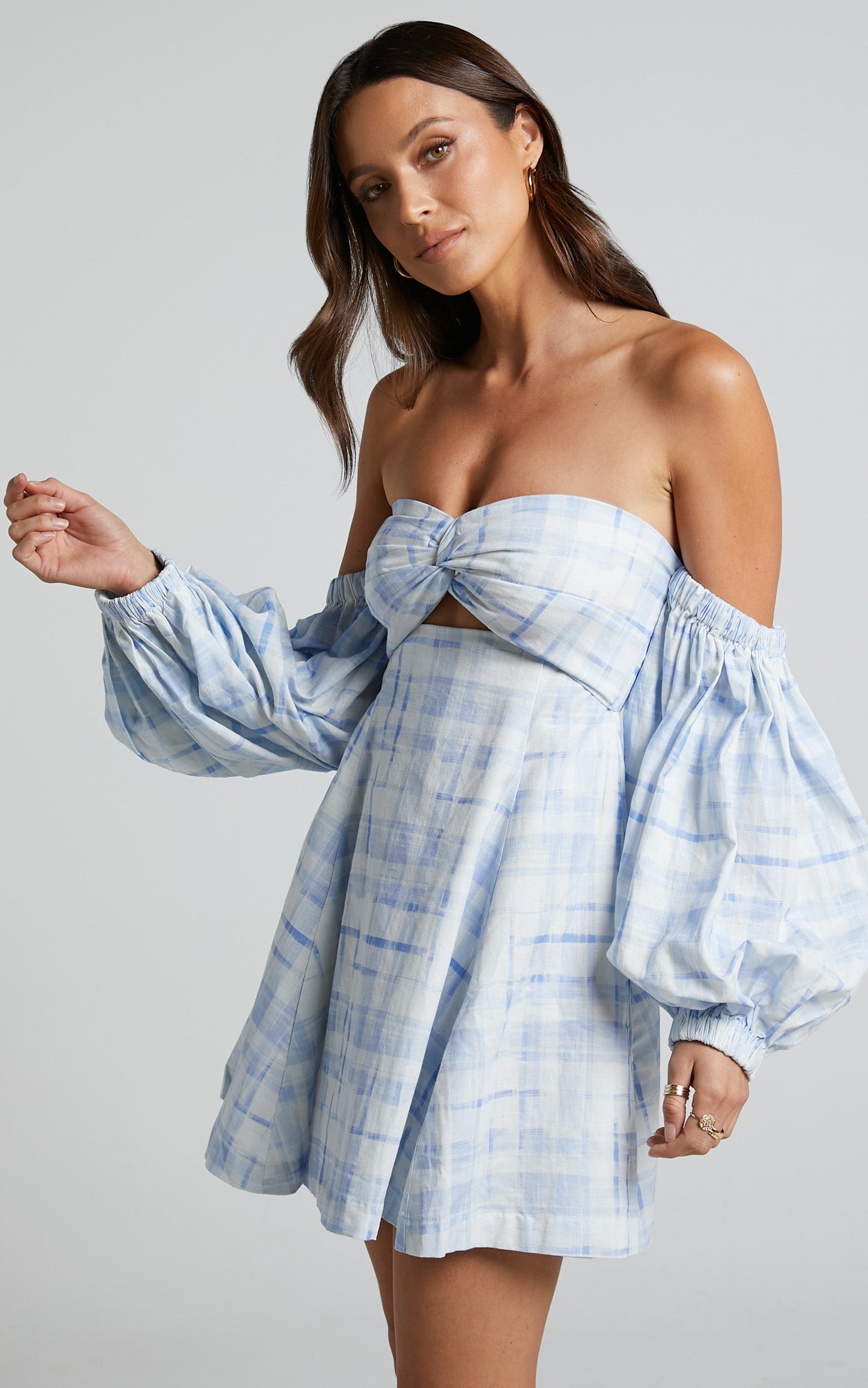 Amalie The Label - Emerita Linen Blend Off Shoulder Puff Sleeve Twist Mini Dress in Chieti Check Blue