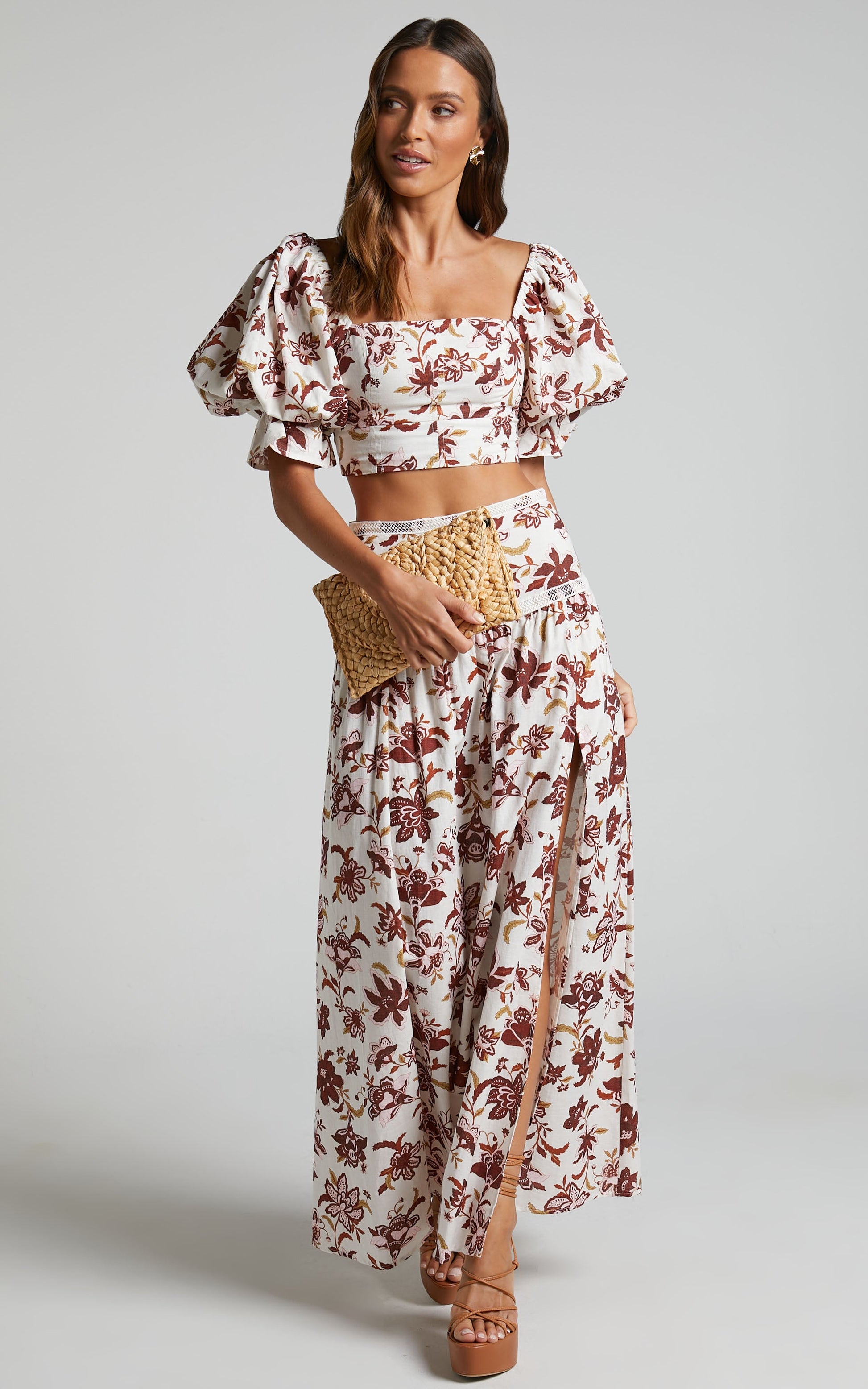 Amalie The Label - Rosabel Linen Look Blend High Waisted Midi Skirt in Luca print