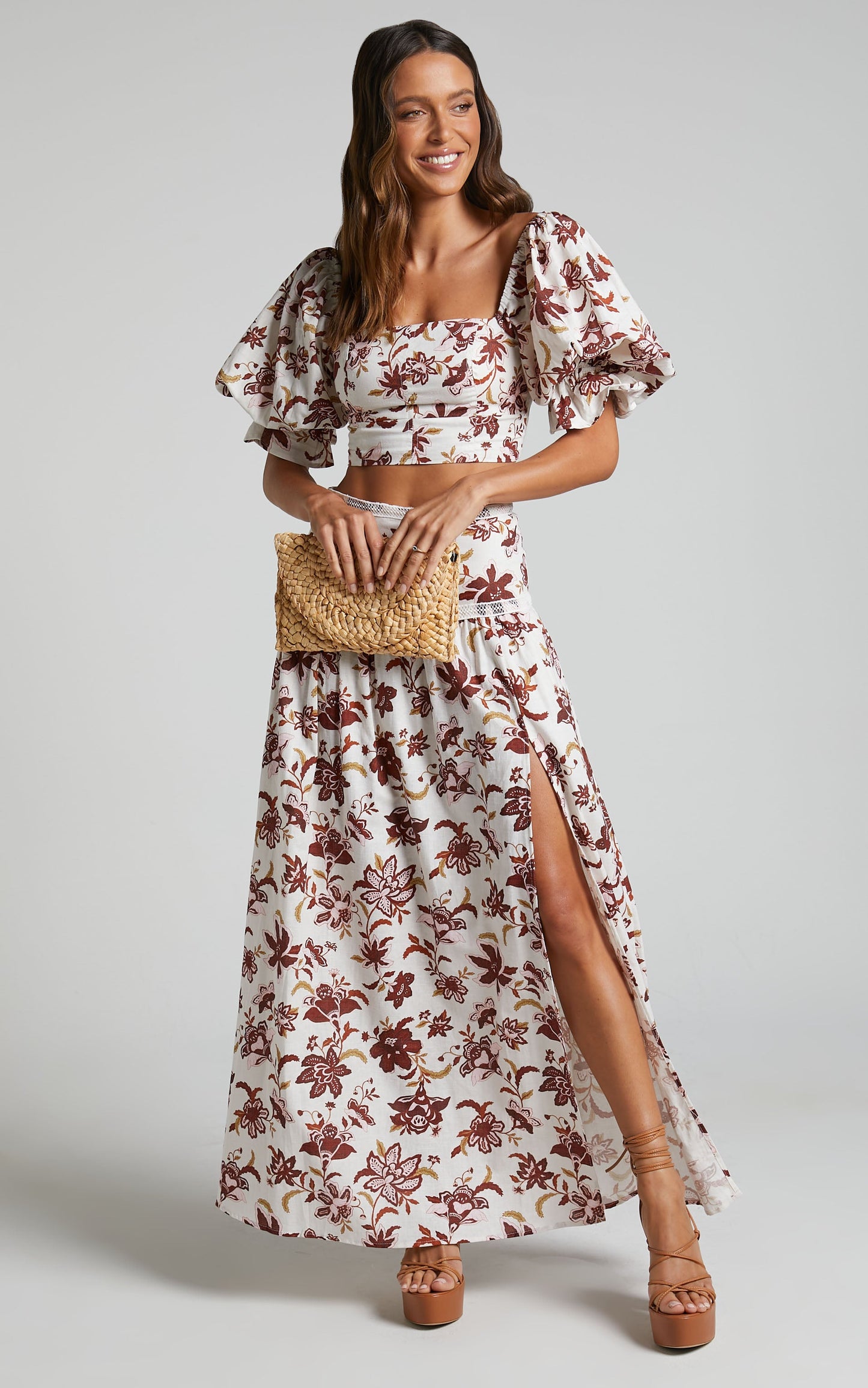 Amalie The Label - Rosabel Linen Look Blend High Waisted Midi Skirt in Luca print