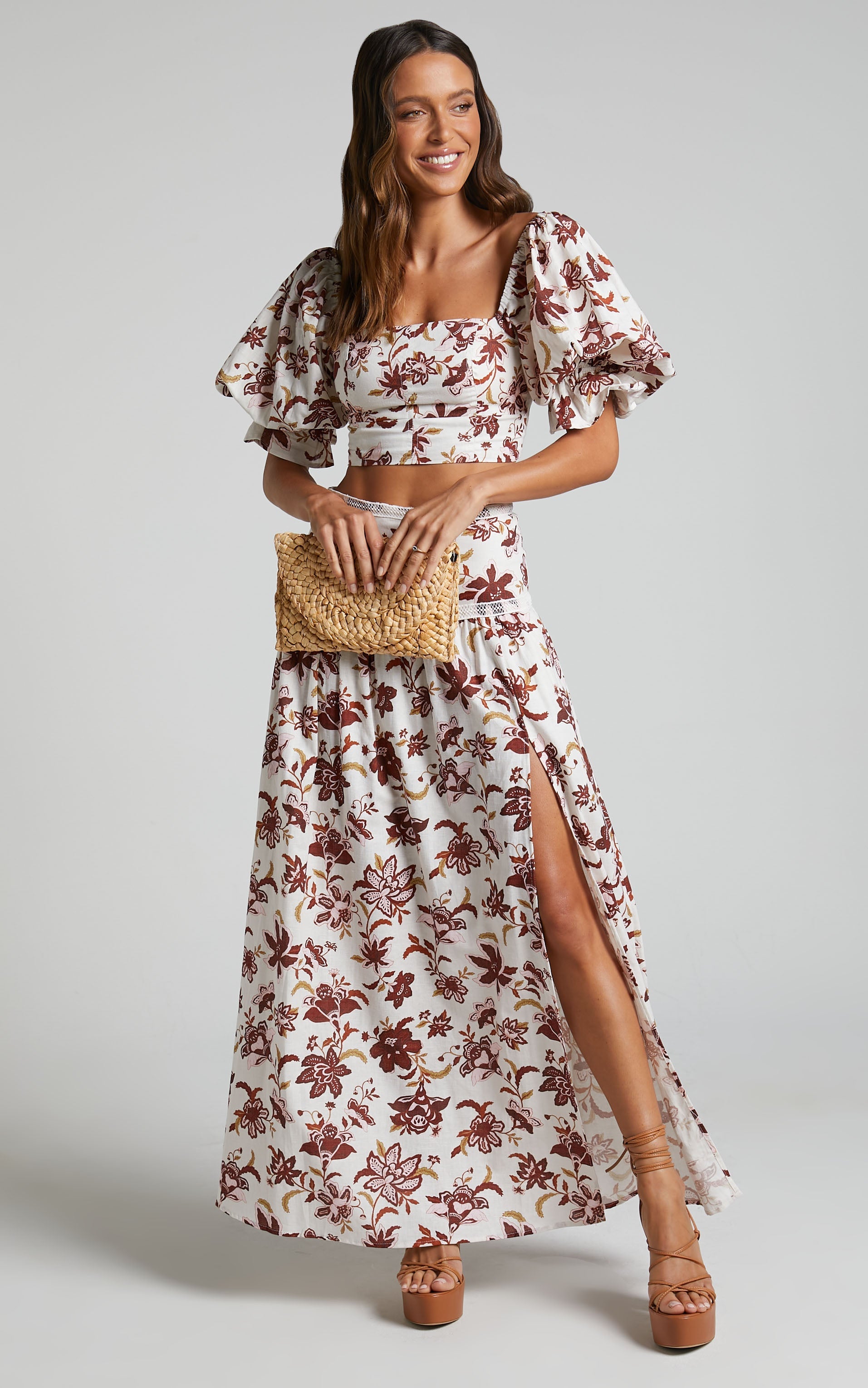 Amalie The Label - Rosabel Linen Look Blend High Waisted Midi Skirt in Luca print