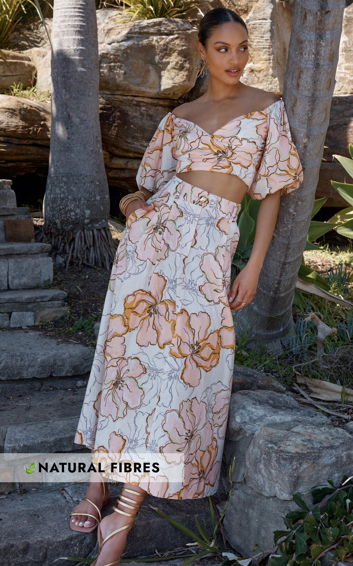 Amalie The Label - Alienor Linen Blend High Waisted Midi Skirt in Maison Fleur