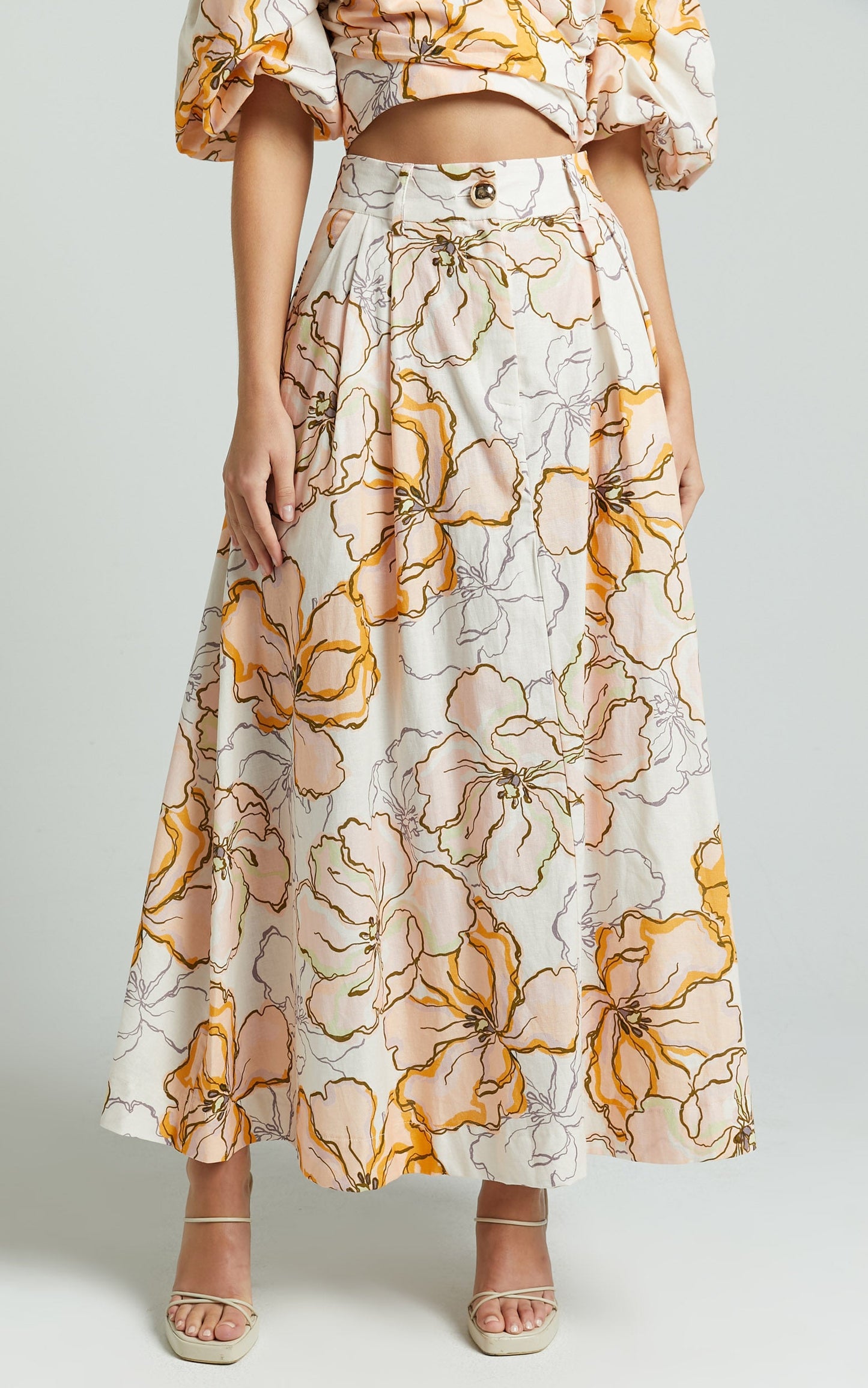 Amalie The Label - Alienor Linen Blend High Waisted Midi Skirt in Maison Fleur
