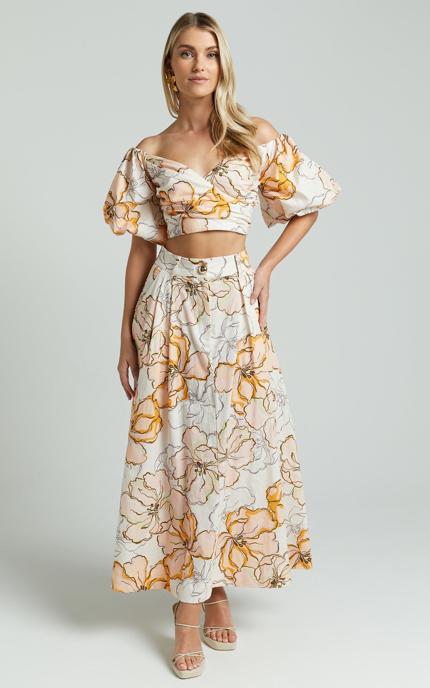 Amalie The Label - Alienor Linen Blend High Waisted Midi Skirt in Maison Fleur