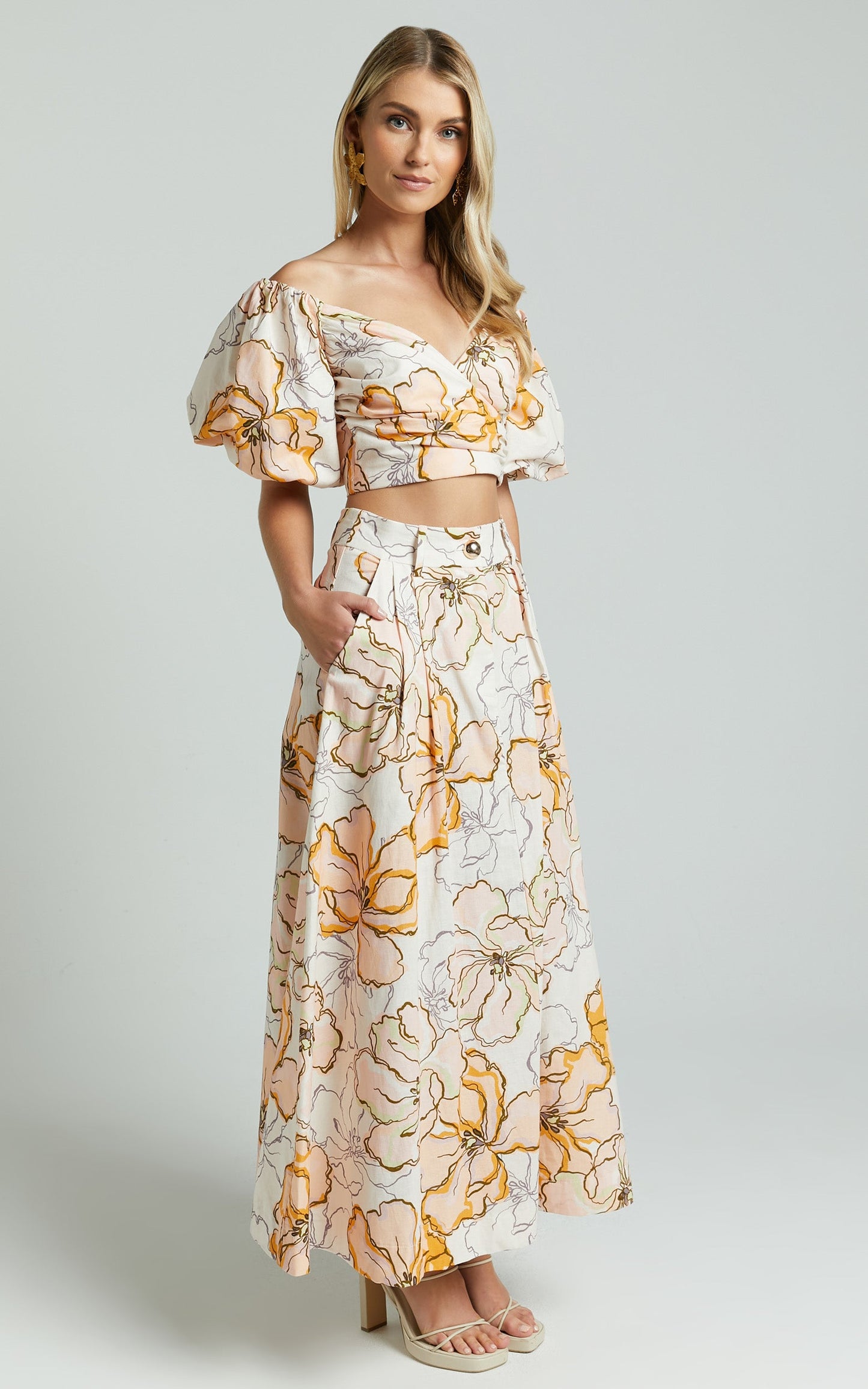 Amalie The Label - Alienor Linen Blend High Waisted Midi Skirt in Maison Fleur