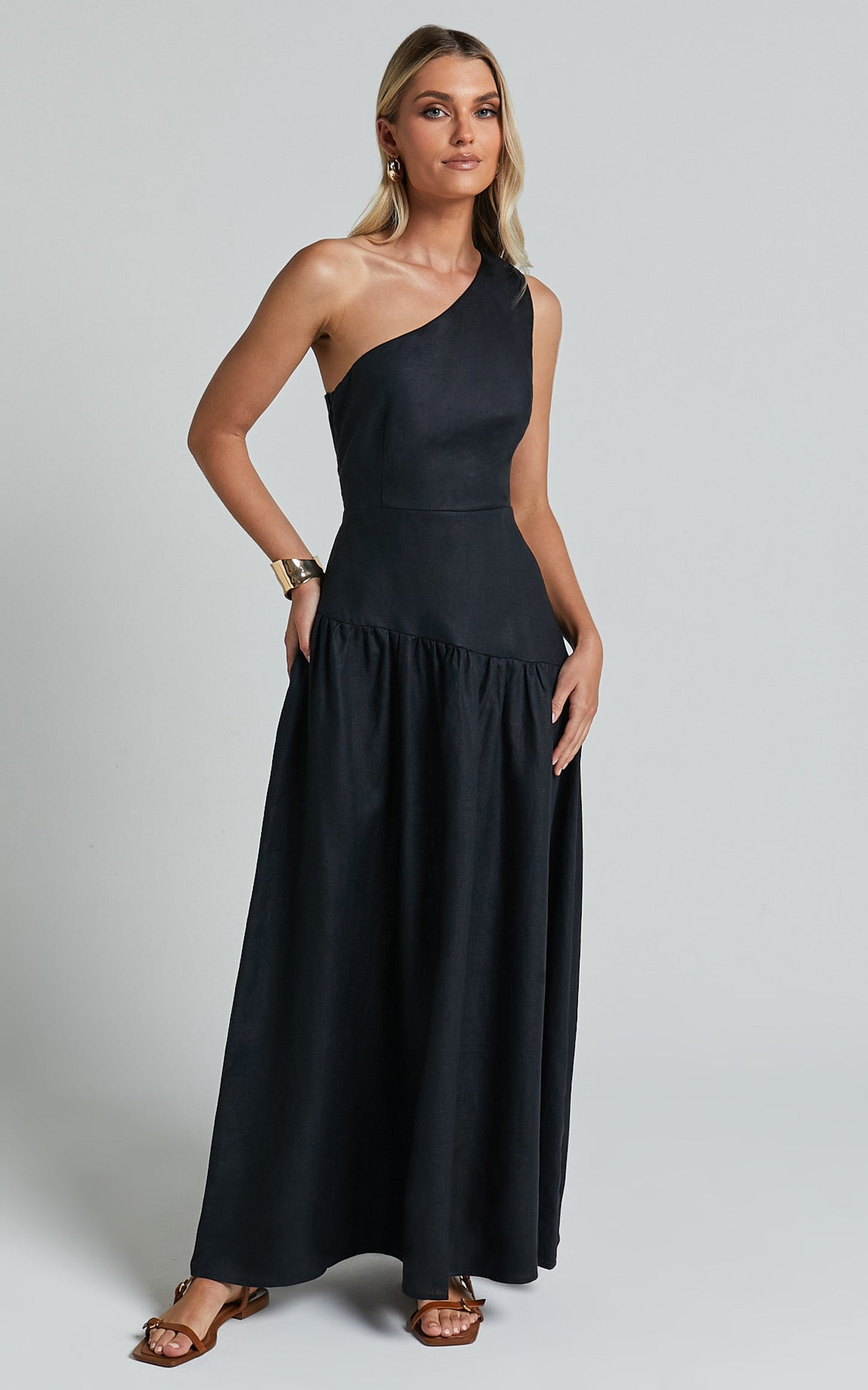 Amalie The Label - Alorah Linen Blend One Shoulder Dress in Black