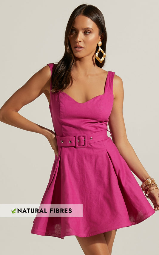 Amalie The Label - Aureiette Linen Blend Sweetheart Fit and Flare Mini Dress in Magenta